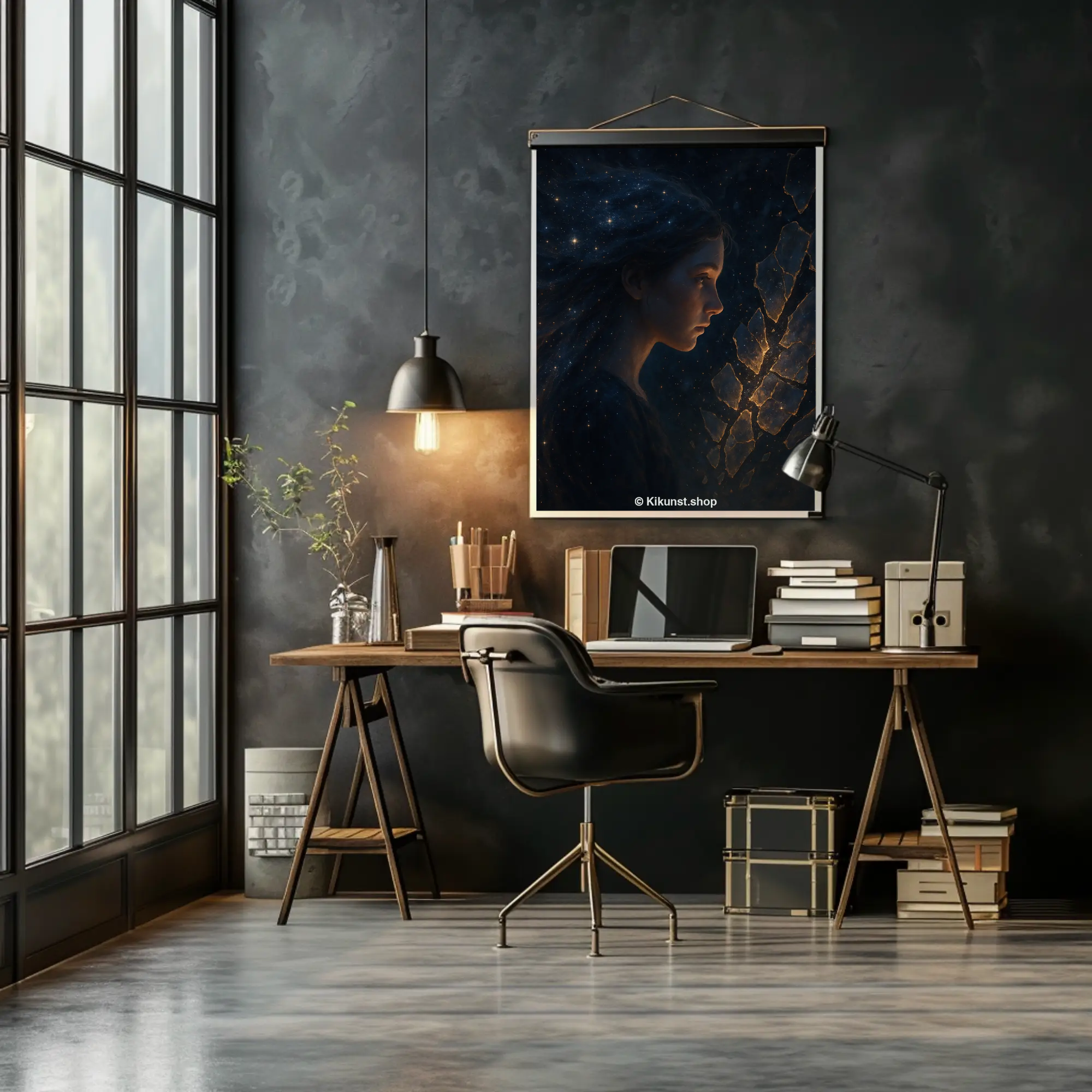 Atmosphärisches Bild mit dunklen Farbtönen und leuchtenden Fragmenten als modernes Wandbild