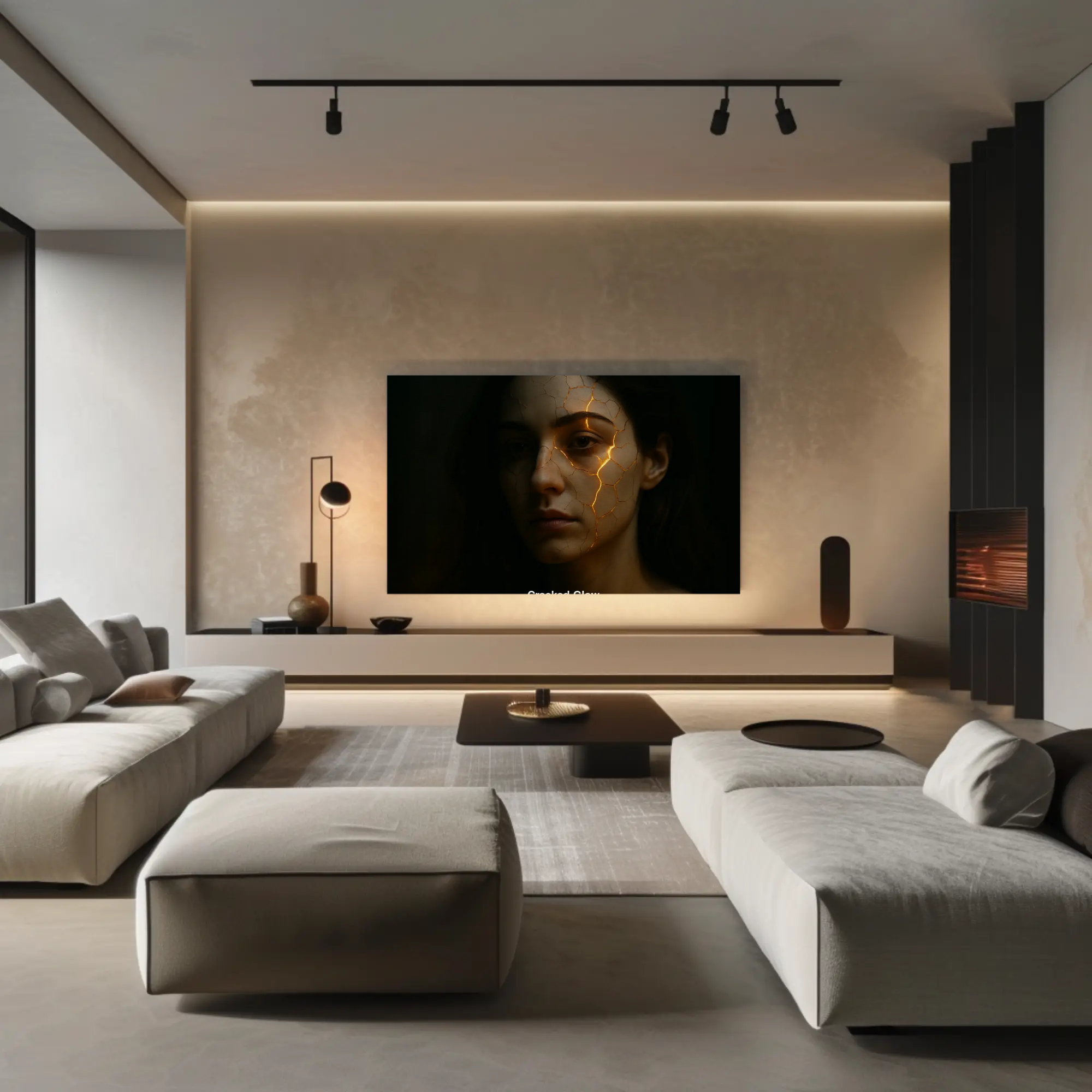 Porträt mit Lichtakzenten als Fine Art Print über Sofa in modernem Wohnraum