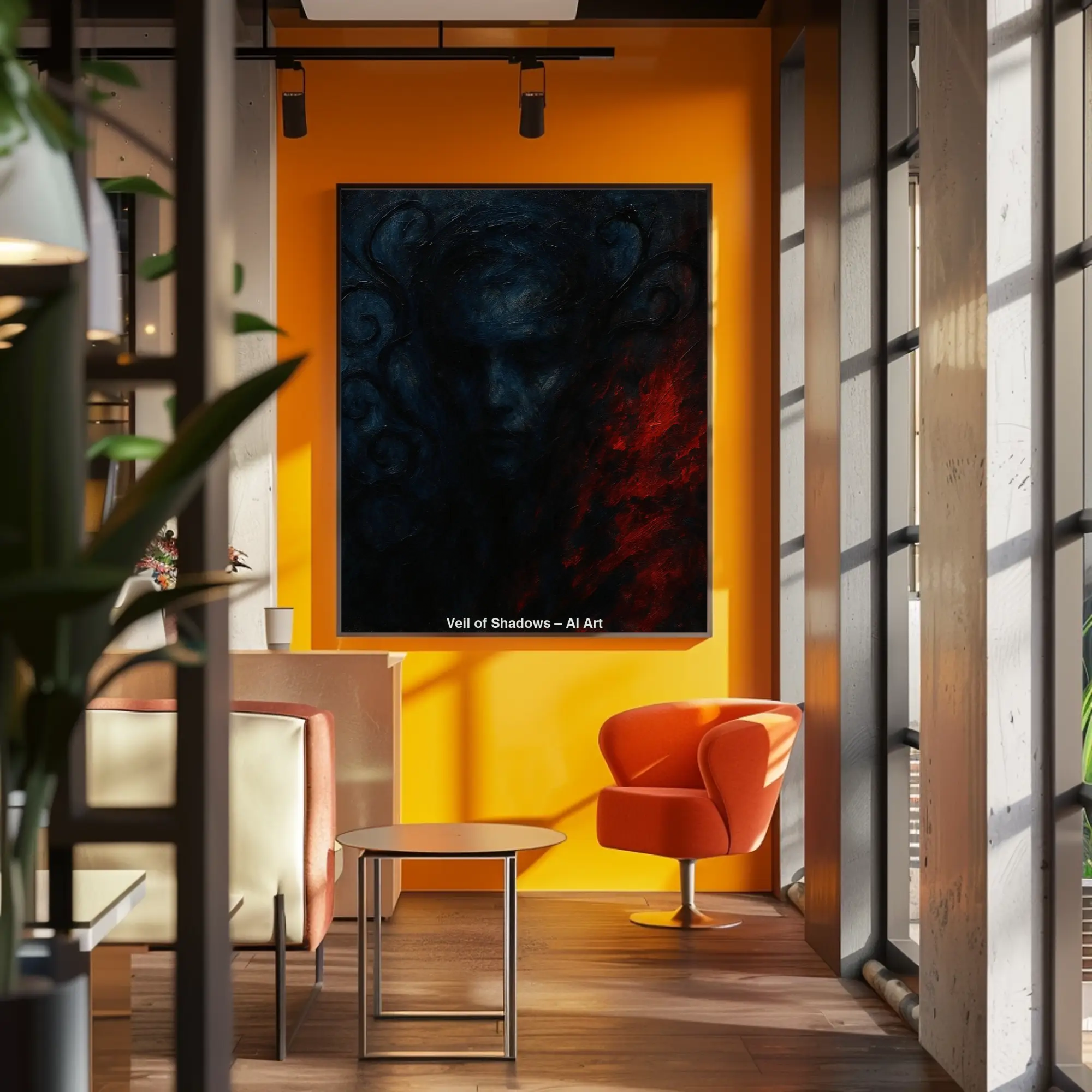 Fine Art Print mit geheimnisvollem Porträt in dunklen Blau- und Rottönen über moderner Wohnraumeinrichtung.