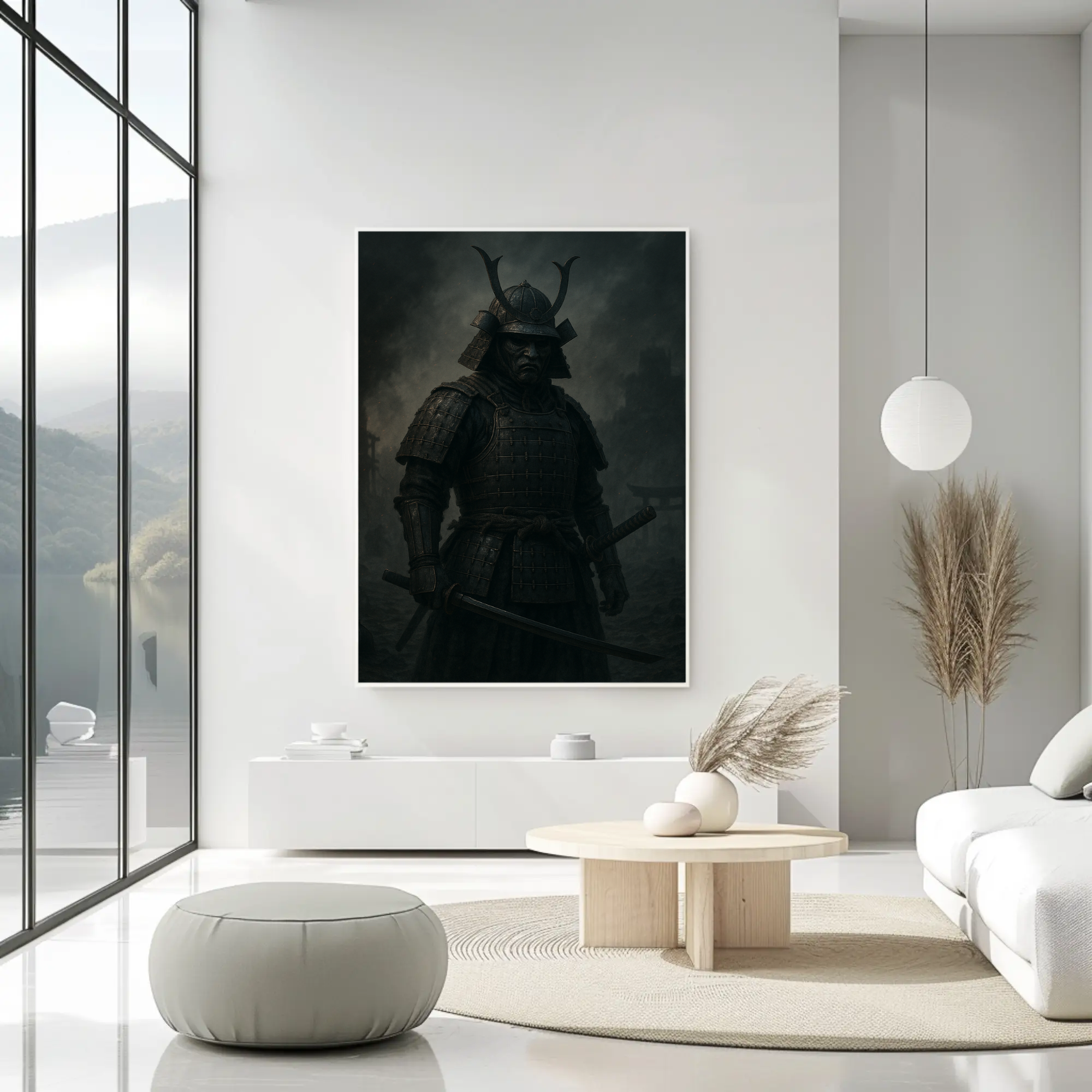 Fine Art Print mit dunkler Samurai-Silhouette und geheimnisvoller Lichtstimmung über moderner Wohnraumeinrichtung.