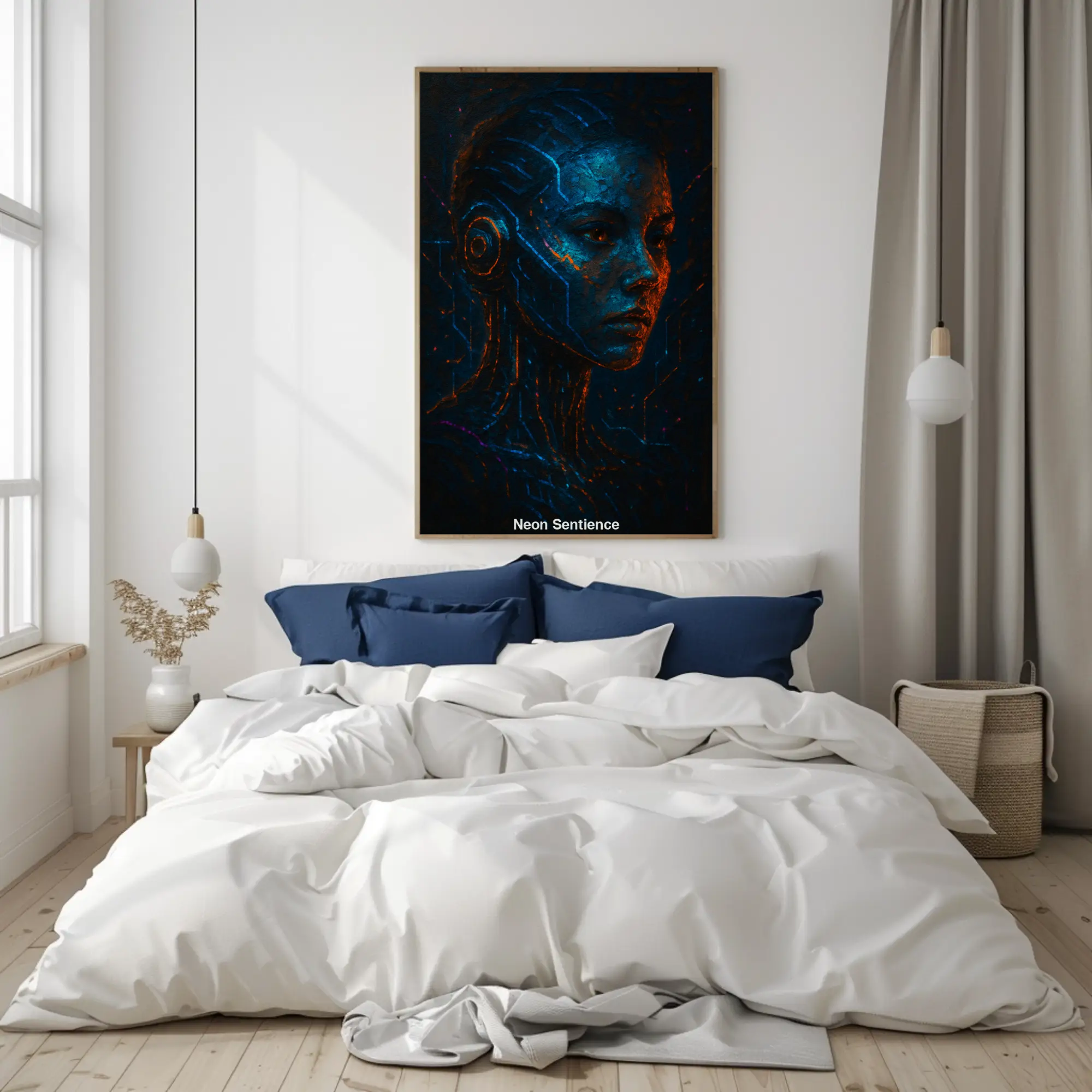 Dunkelblauer Fine Art Print mit futuristischem Porträt über modernem Bett