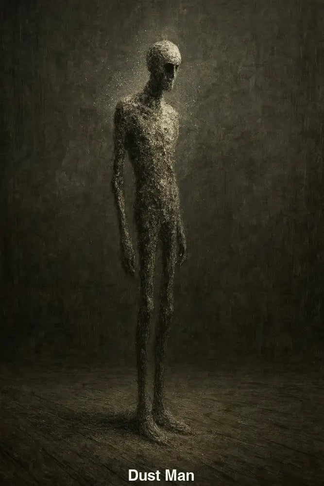 Staubige humanoide Gestalt in dunkler Leere – düstere, symbolische AI Art über Vergänglichkeit