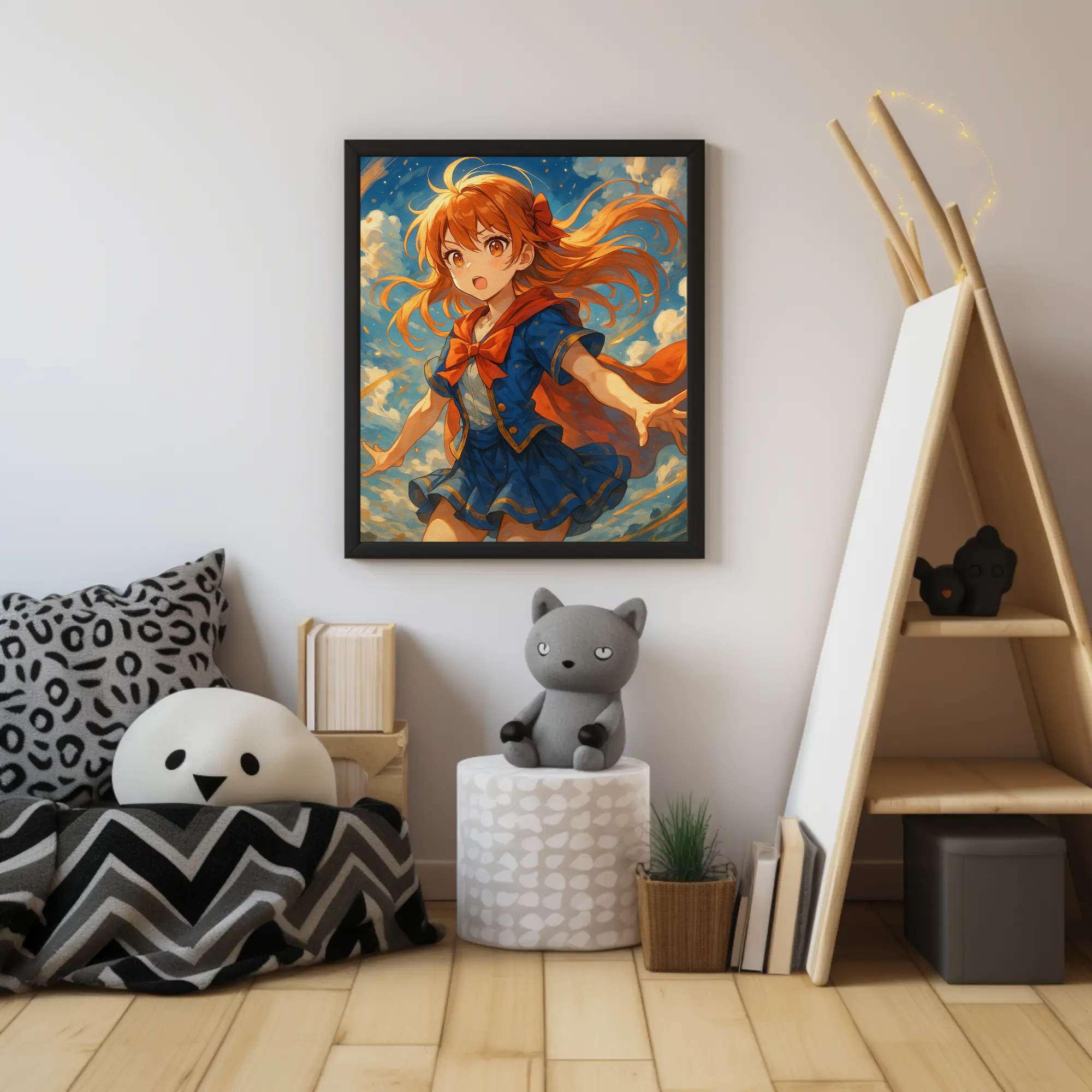 Illustrative Figur mit wehenden Haaren und lebendiger Farbkomposition