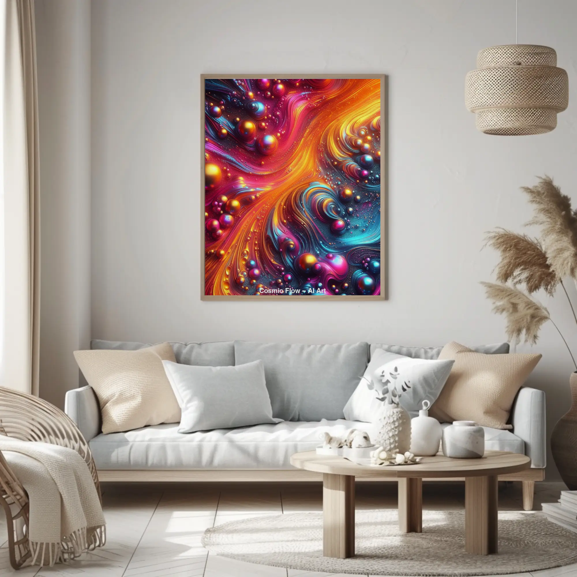 Abstrakter Fine Art Print mit leuchtenden Farben in modernem Wohnraum