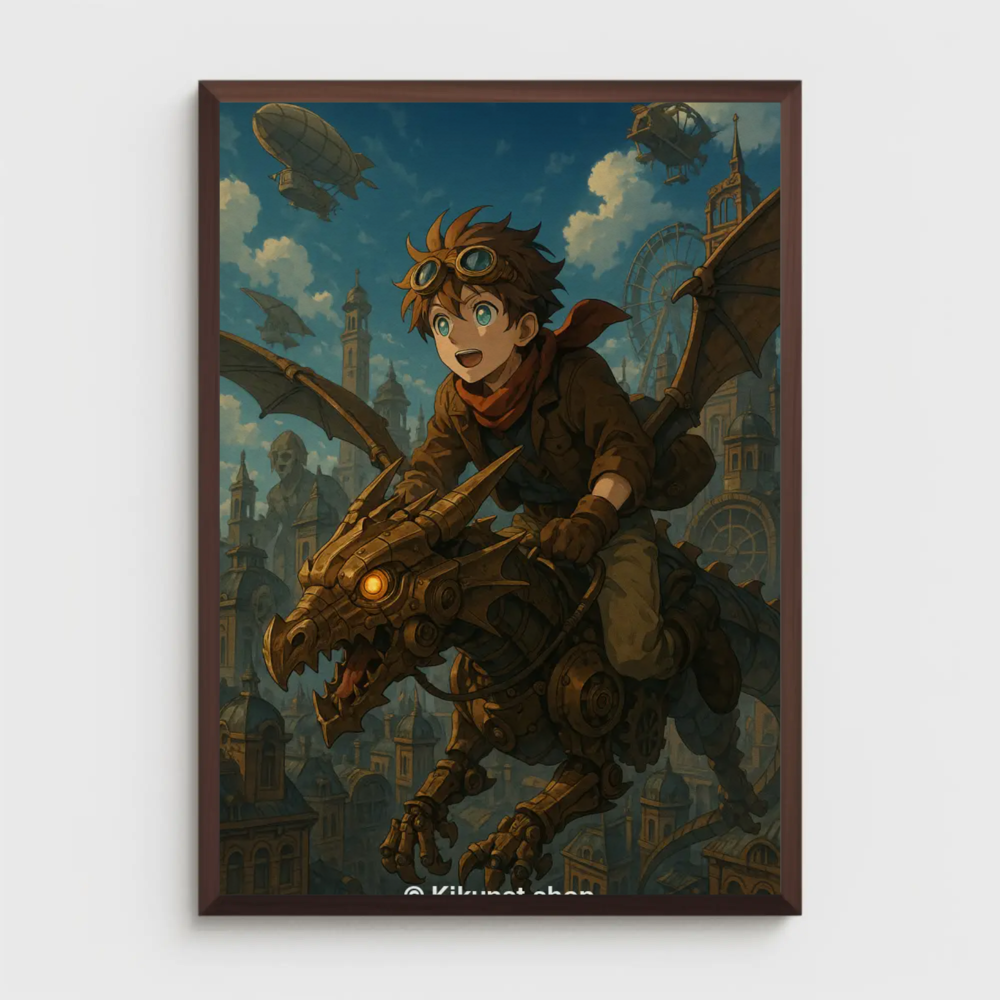 Mechanischer Drache mit Reiter als Fine Art Print im Rahmen