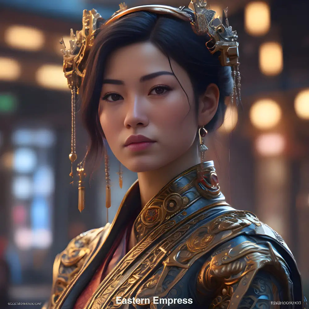 Asiatische Kaiserin in goldverzierter Rüstung mit filigranem Kopfschmuck vor sanft beleuchtetem, majestätischem Hintergrund.