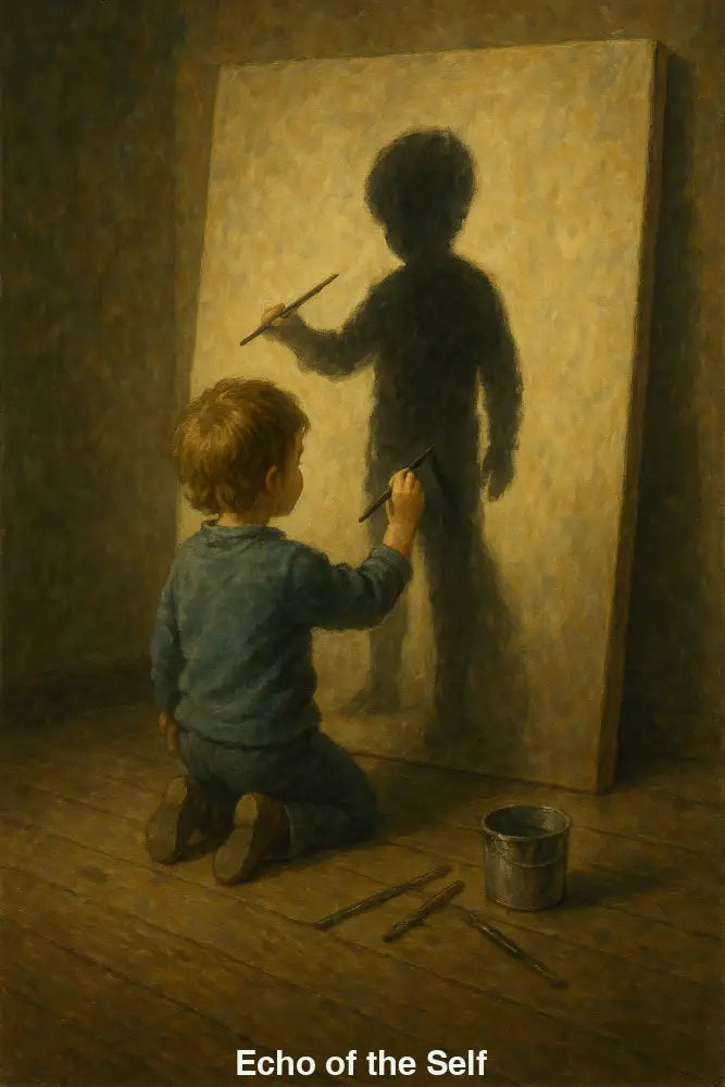 Kniender Junge malt Schattenfigur seiner selbst vor Leinwand – symbolische Darstellung von Selbstwahrnehmung und innerem Wachstum.