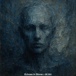 AI-Art-Porträt in Blautönen mit steinartiger Textur und goldenen Rissen.