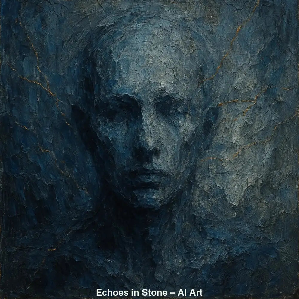 AI-Art-Porträt in Blautönen mit steinartiger Textur und goldenen Rissen.