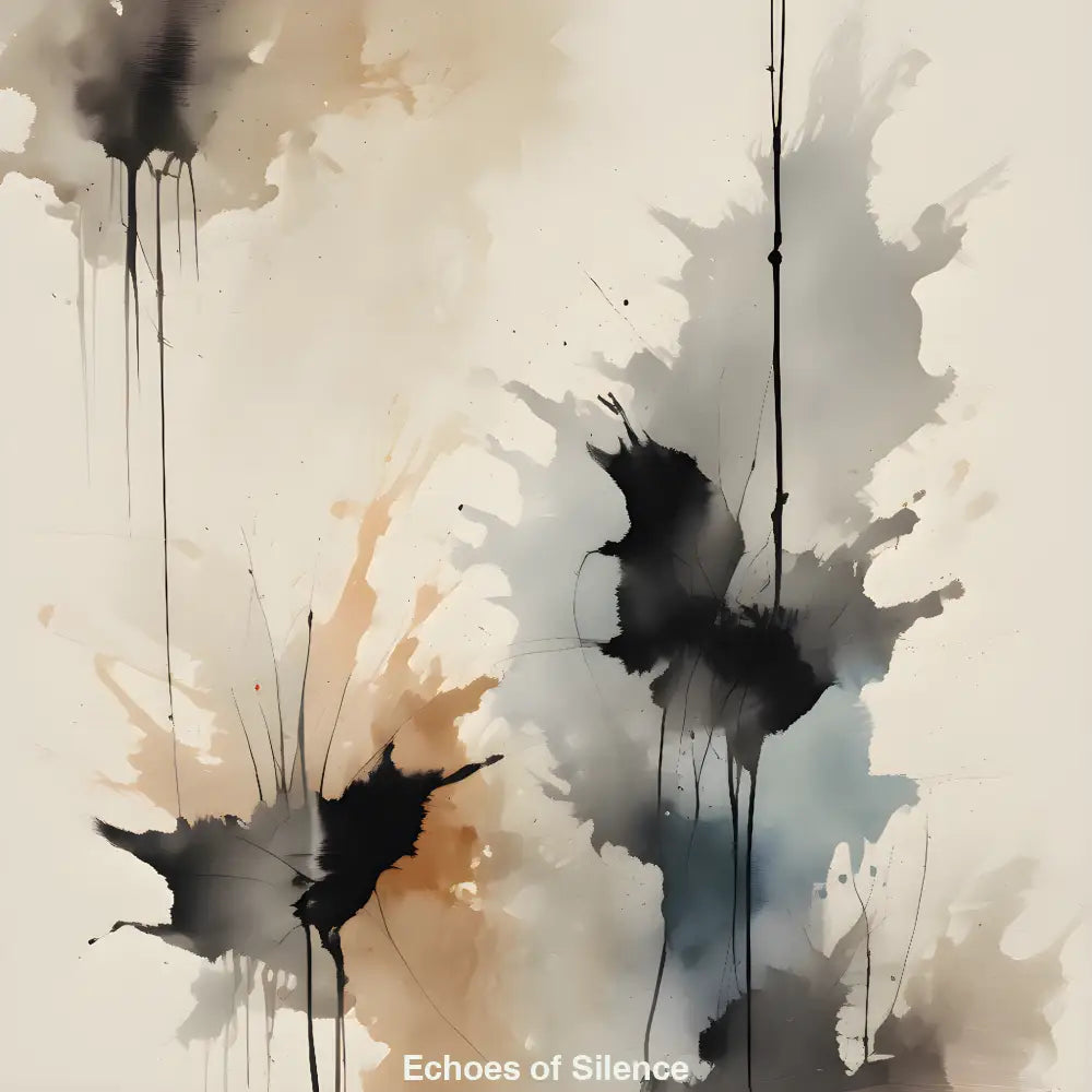 Abstrakte Aquarell-Tusche-Komposition mit fließenden Beige- bis Grautönen und schwarzen Spritzern.