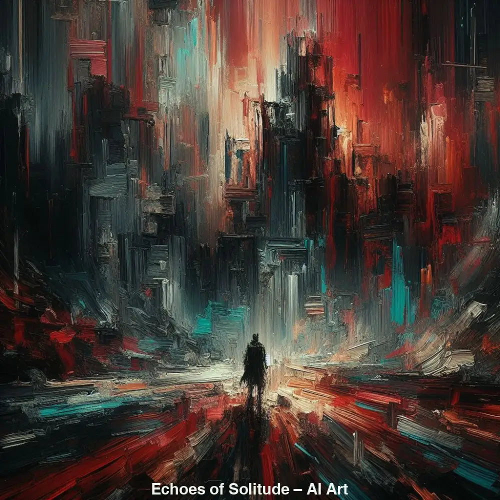 Echoes of Solitude – AI Art, abstrakte Figur in warmen Ocker-, Rot- und Grautönen in nebliger Atmosphäre.