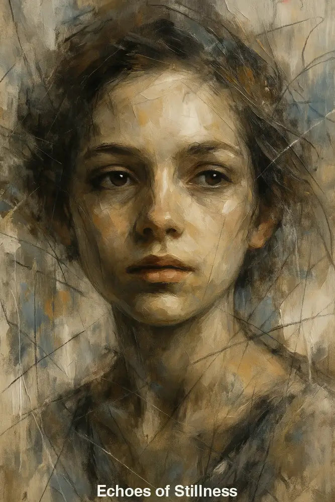 AI-Art-Porträt einer Frau in Erdtönen mit abstrakten Linien und malerischer Textur.