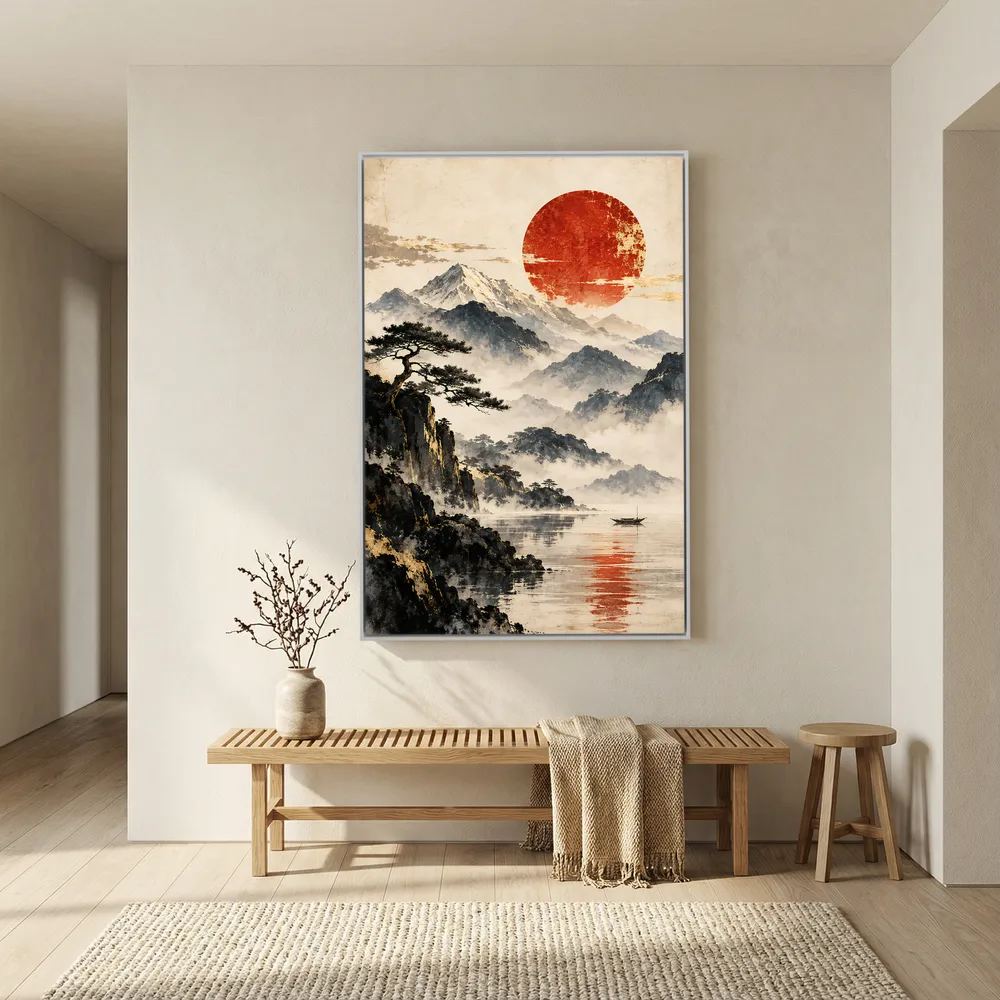 Gerahmtes Leinwandbild mit asiatischer Berglandschaft, roter Sonne, Kiefer und Boot in einem ruhig gestalteten Wohnraum.