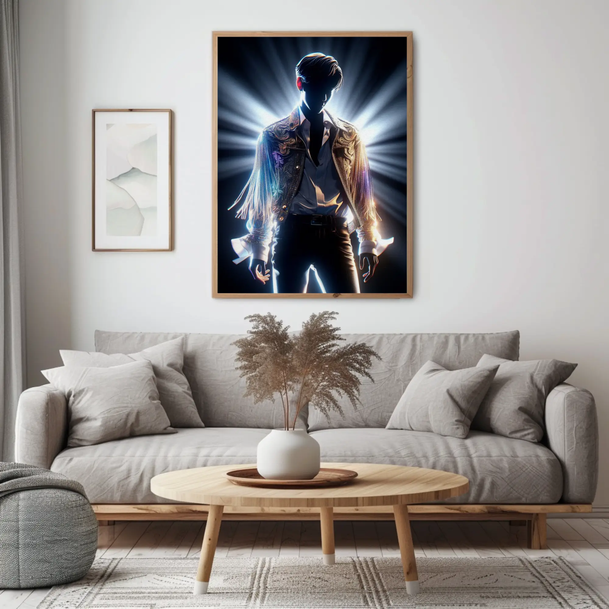 Mockup von Eclipse Idol – AI Art, leuchtende Idol-Silhouette mit Strahlenkranz und Bühnenlicht.