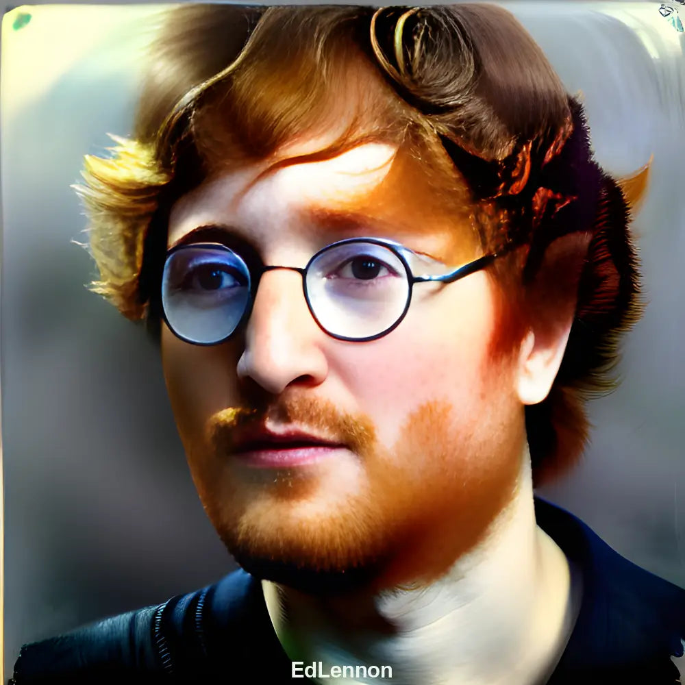 KI-generiertes Porträt, das John Lennon und Ed Sheeran kombiniert, mit Retro-Elementen und modernem Stil.