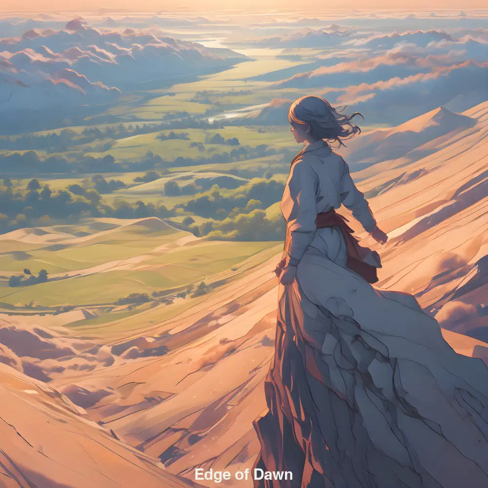 Frau auf felsigem Bergplateau im goldenen Morgenlicht, blickt hinaus – symbolisiert Aufbruch, Selbstfindung und Freiheit.