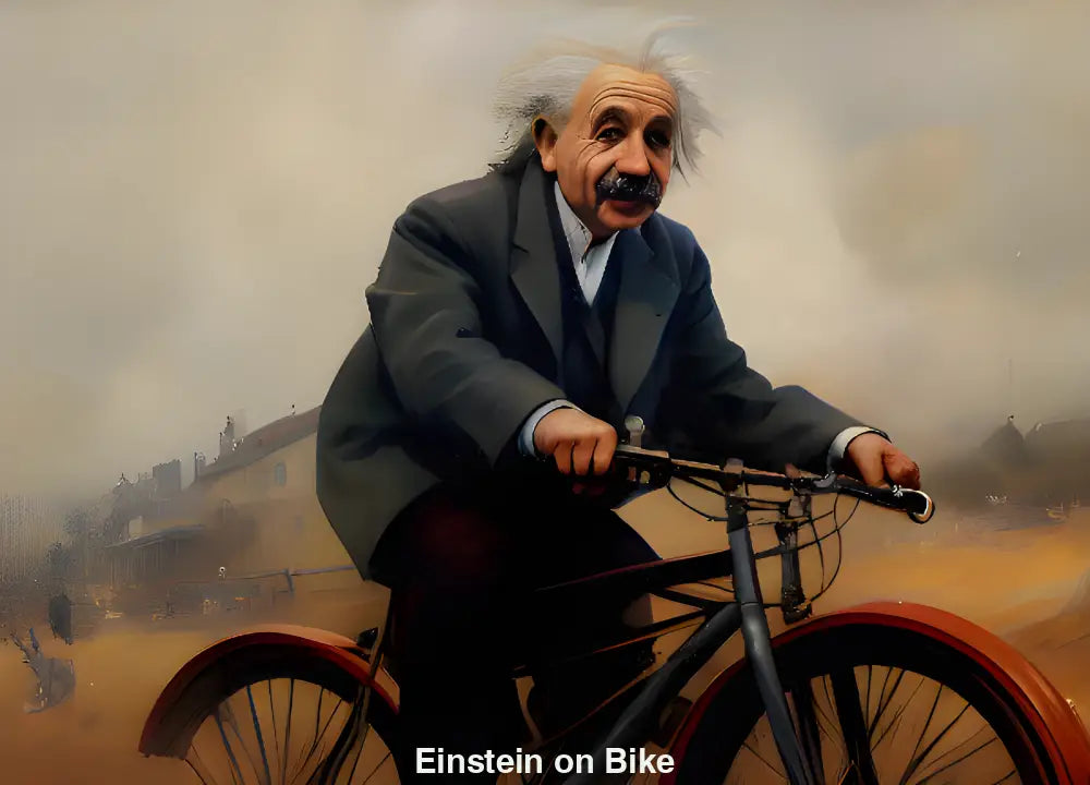 Albert Einstein fährt fröhlich Fahrrad mit breitem Lächeln – humorvolles, KI-generiertes Porträt des Physikers.