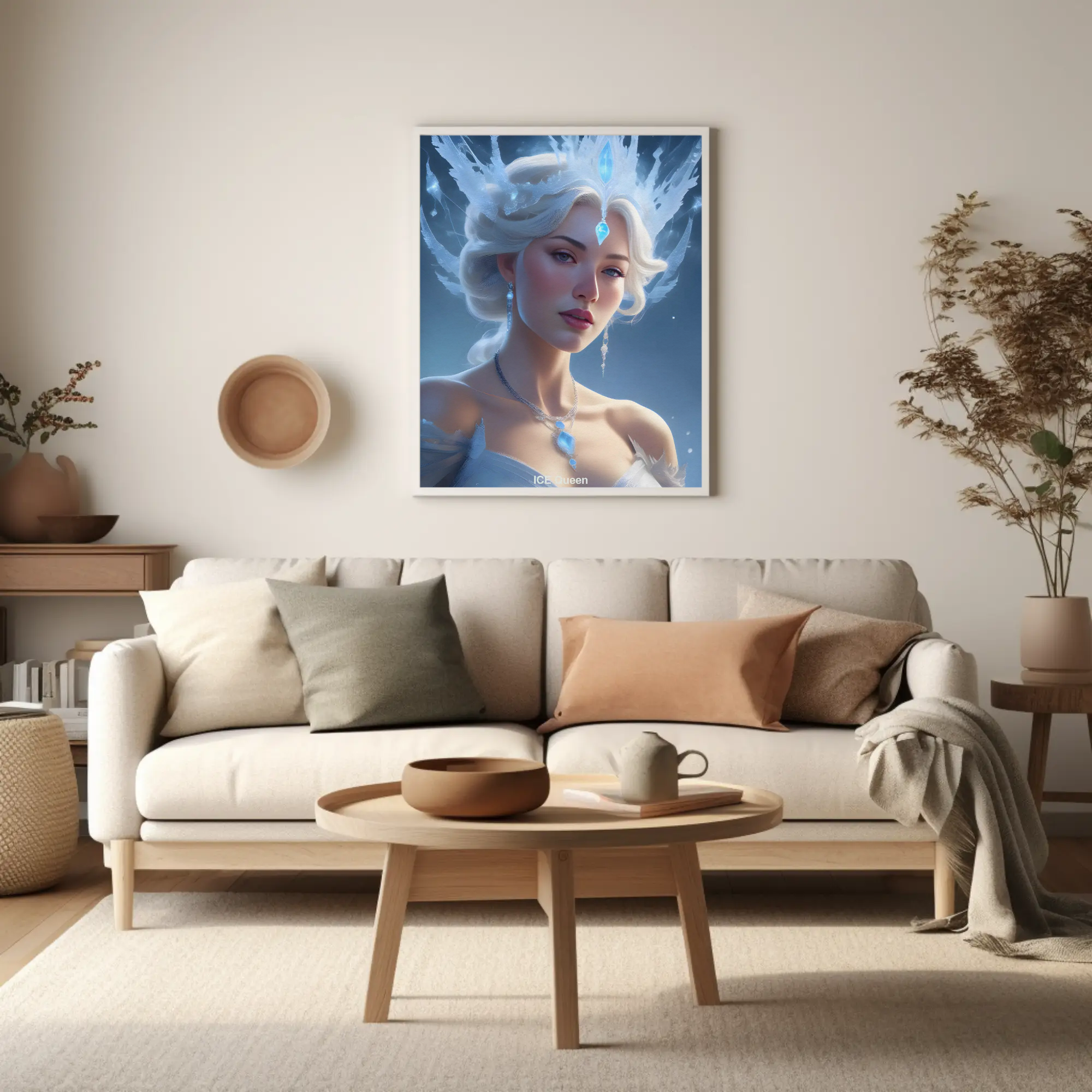 Porträt einer eisartigen Frau mit hellen Blautönen und kristallinem Look