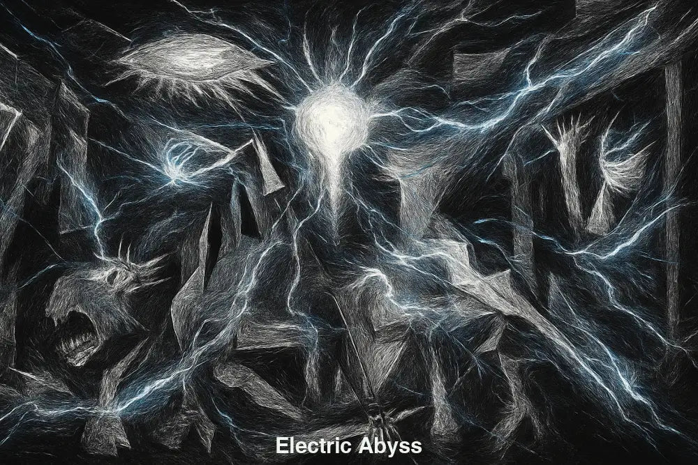 AI Kunstwerk mit Blitzen & abstrakter Spannung – digitale Kunst mit künstlicher Intelligenz in dunkler Atmosphäre