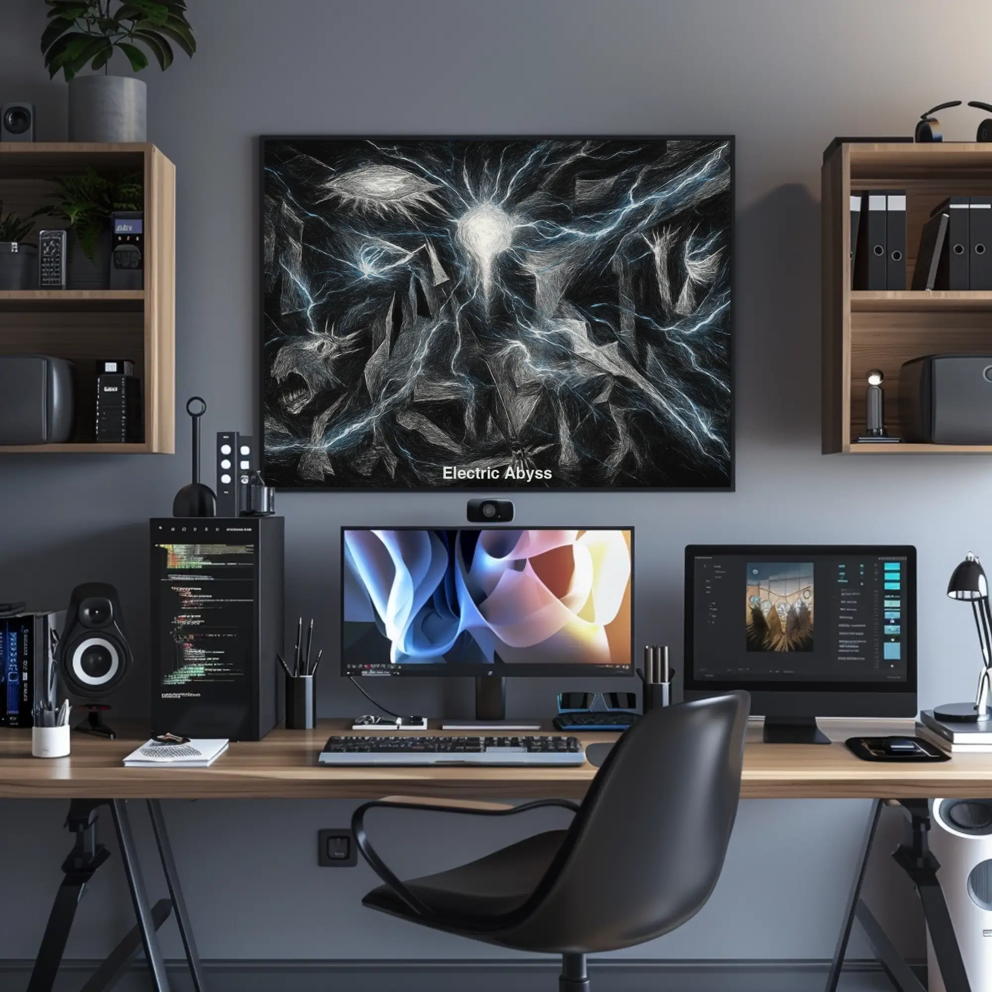Mockup von „Electric Abyss“ – abstraktes AI Kunstwerk mit Energieblitzen und digitaler Tiefe