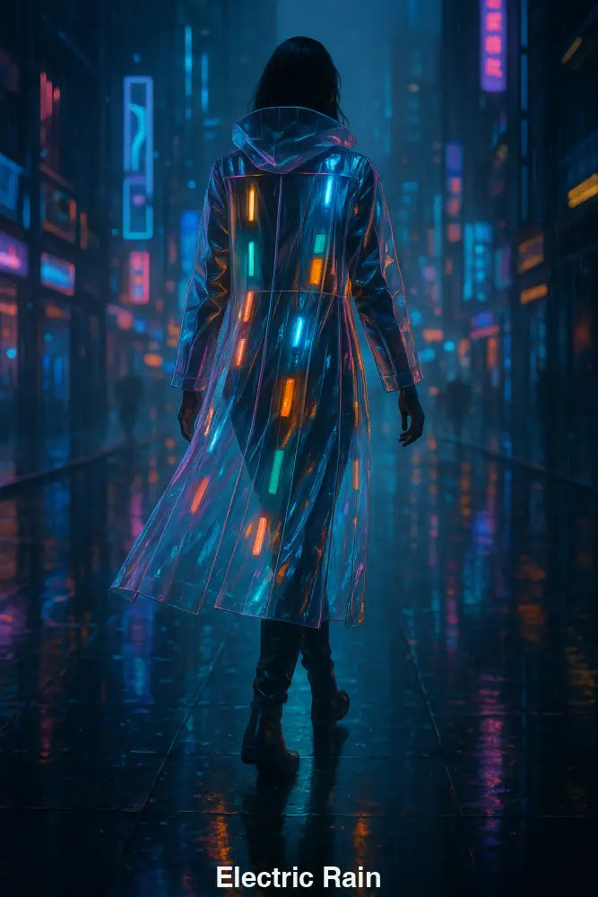 Person in leuchtendem Mantel bei Nacht in futuristischer Stadt – Cyberpunk-Stimmung mit Regen und Neonlichtern.