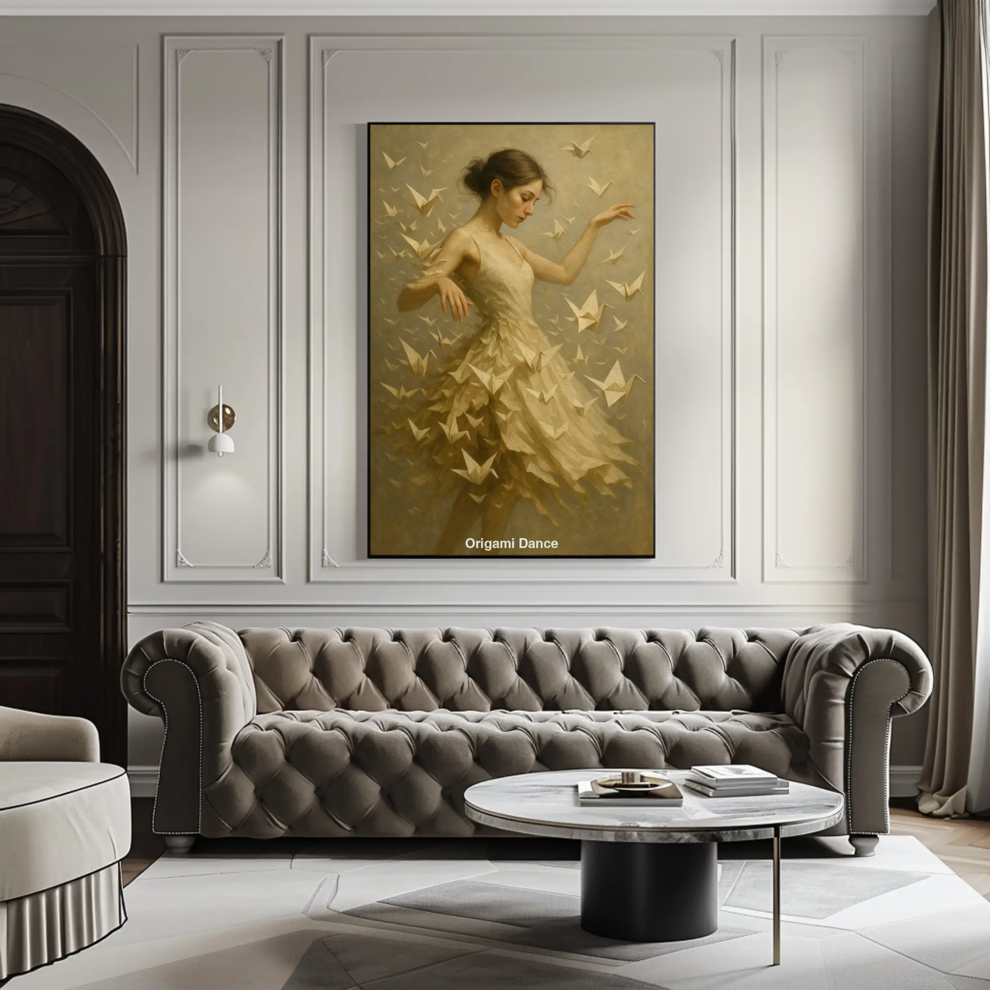 Fine Art Print mit anmutiger Figur und goldener Komposition über einer Couch
