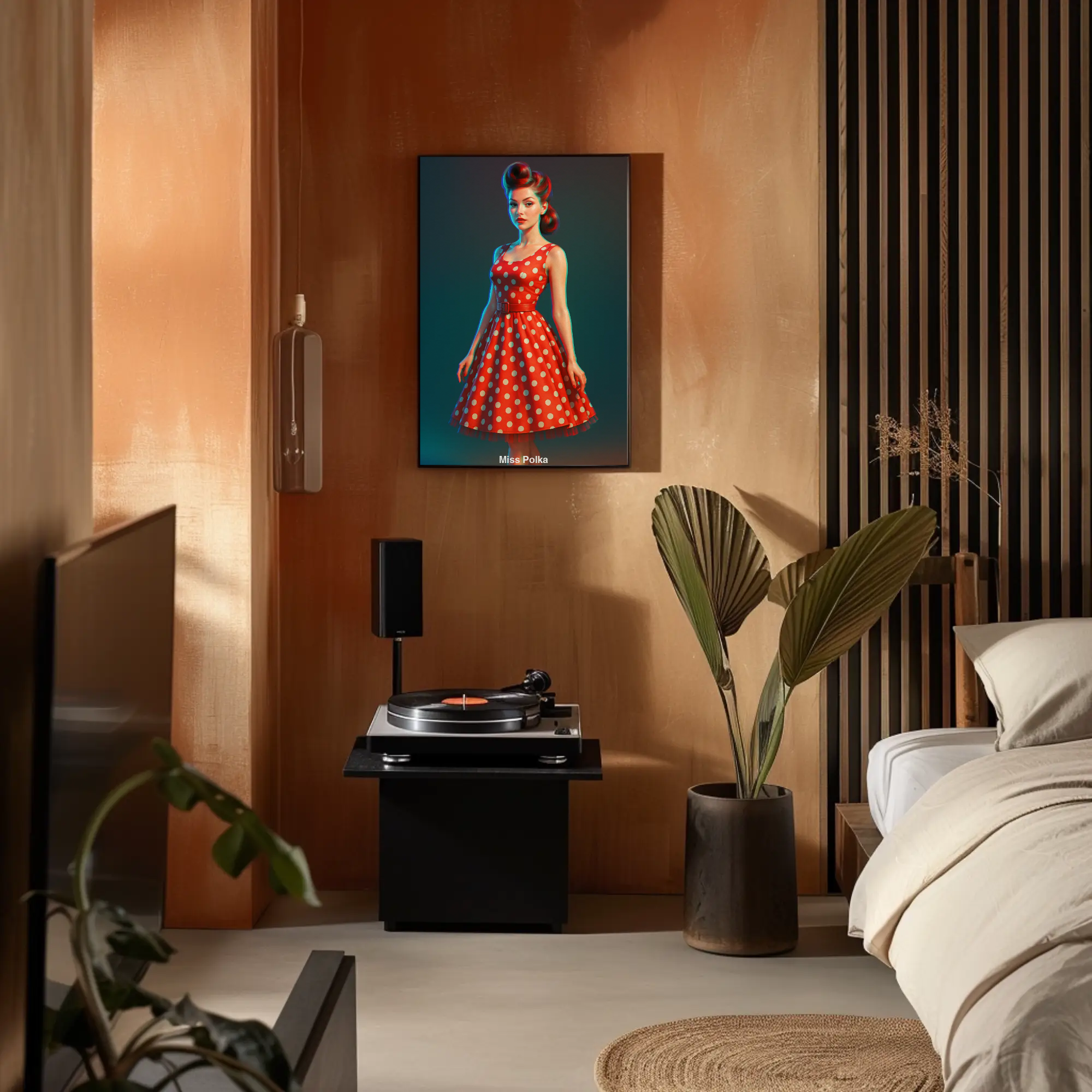 Stilvoller Fine Art Print mit rotem Vintage-Kleid und ausdrucksstarker Farbwirkung im modernen Interior