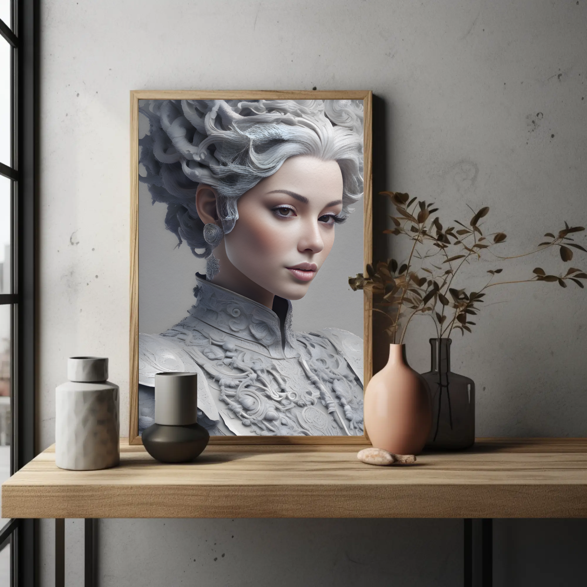 Heller Fine Art Print mit skulpturalem Frauenporträt über modernem Sideboard