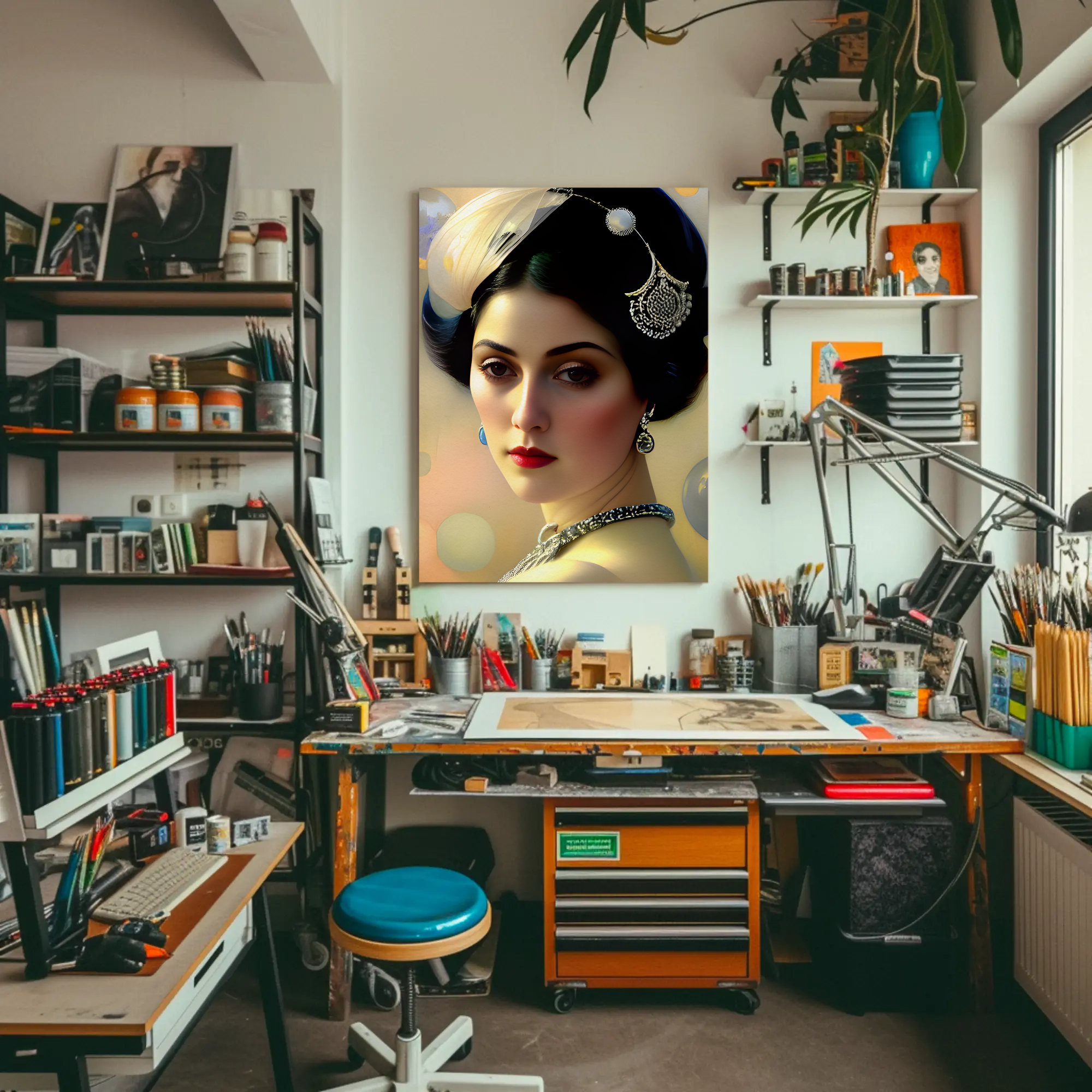 Fine Art Print mit stilisiertem Frauenportrait im Stil der Zwanzigerjahre über moderner Inneneinrichtung.