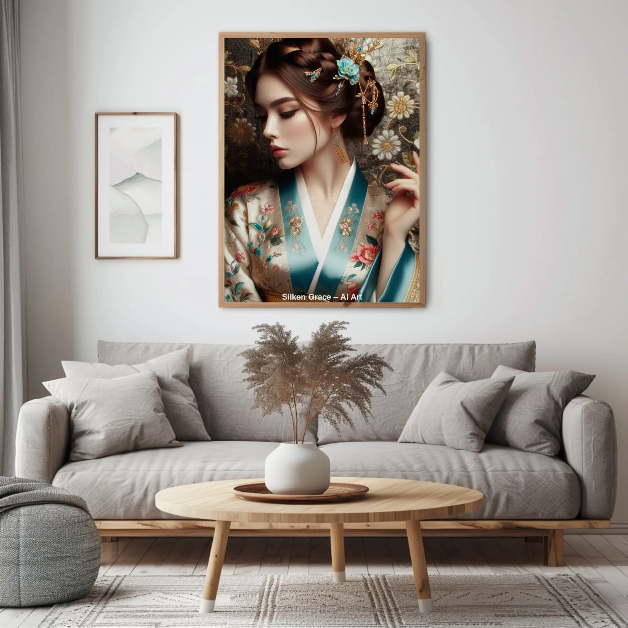 Kunstvolles Frauenportrait mit floralen Details und japanischer Ästhetik