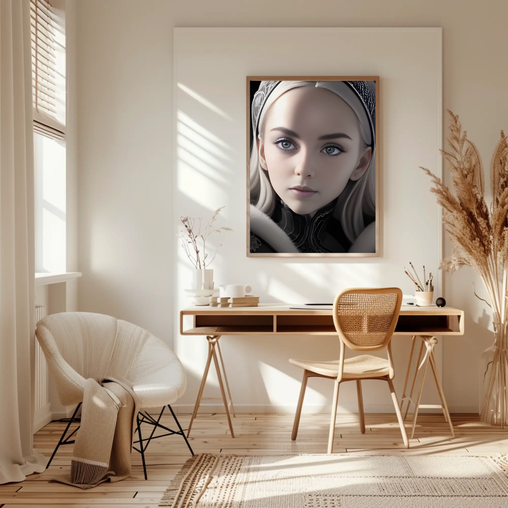 Fine Art Print mit stilisiertem Frauenportrait in sanften Weiß- und Grautönen in moderner Wohnumgebung.