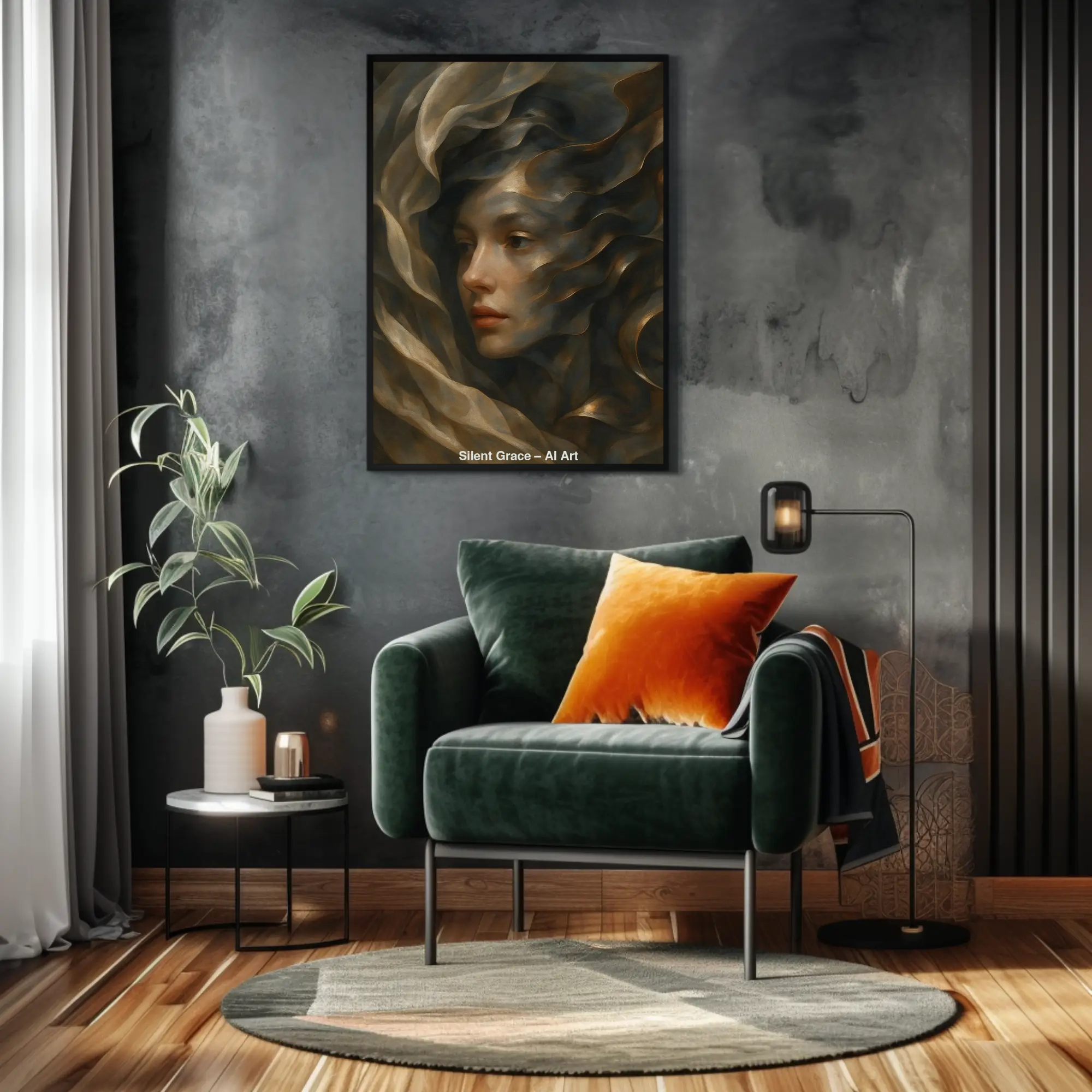 Modernes Frauenportrait mit goldenen Akzenten und weichen Farbverläufen als Wandbild