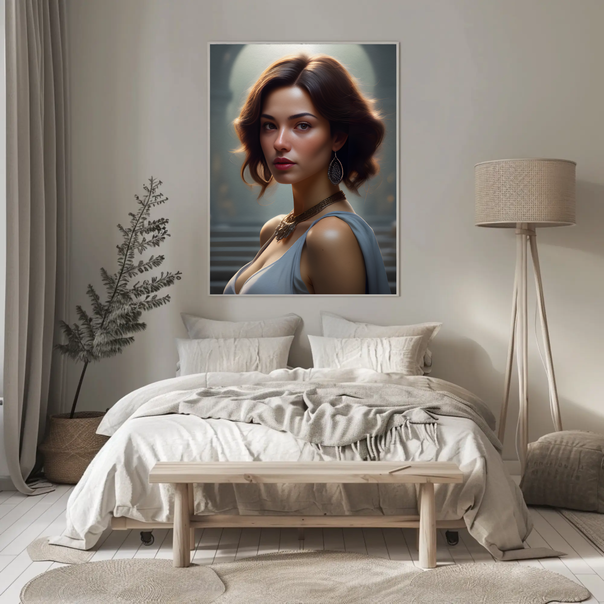 Porträt Fine Art Print mit ruhiger Ausstrahlung über modernem Schlafzimmer