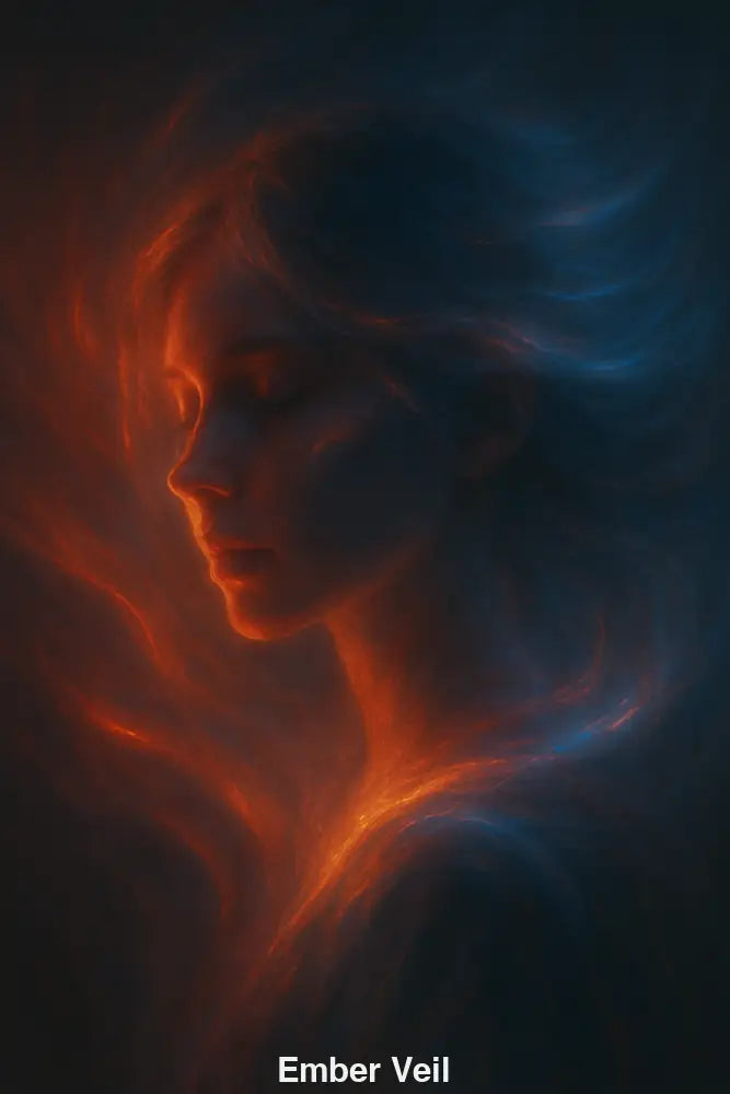 Porträt einer Frau mit geschlossenen Augen, umhüllt von roten und blauen Lichtströmen