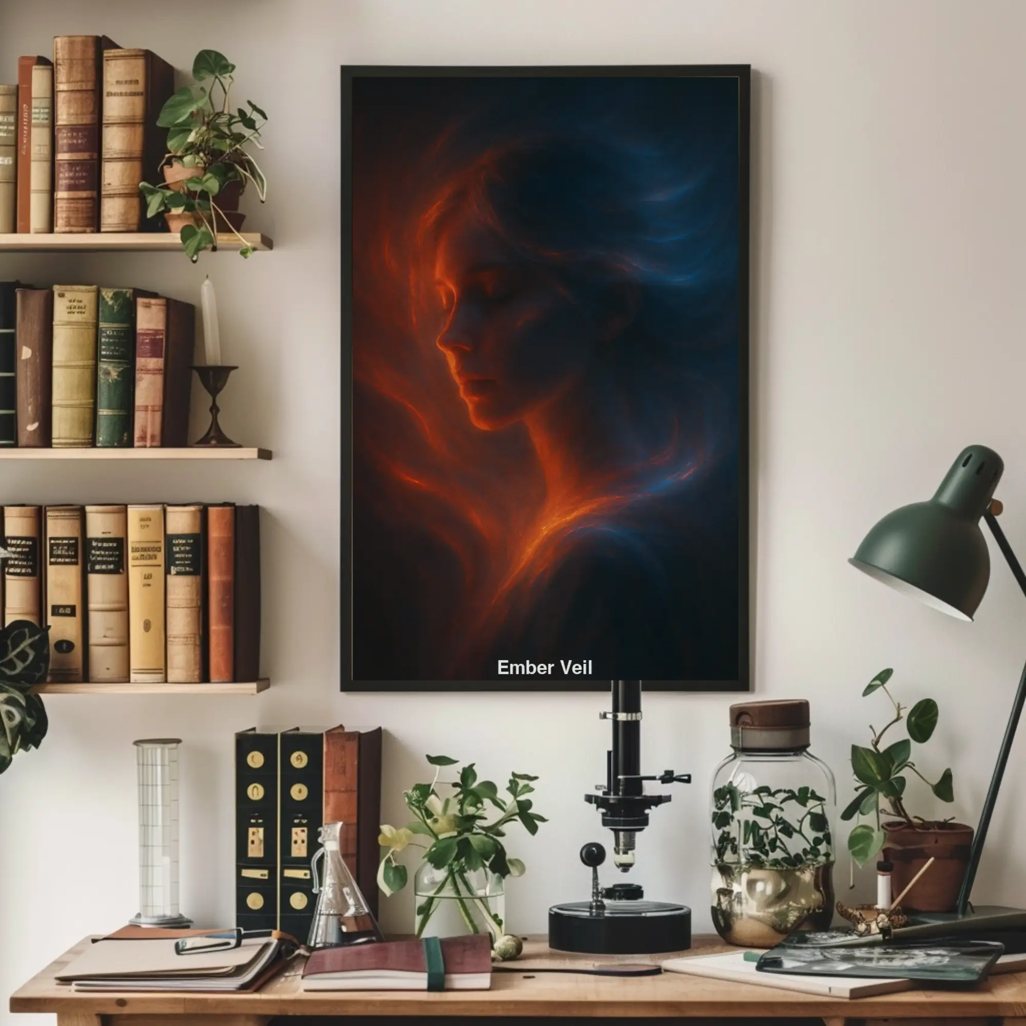 Mockup des Bildes „Ember Veil“ mit glühendem Porträt einer Frau in blauen und roten Lichtströmen