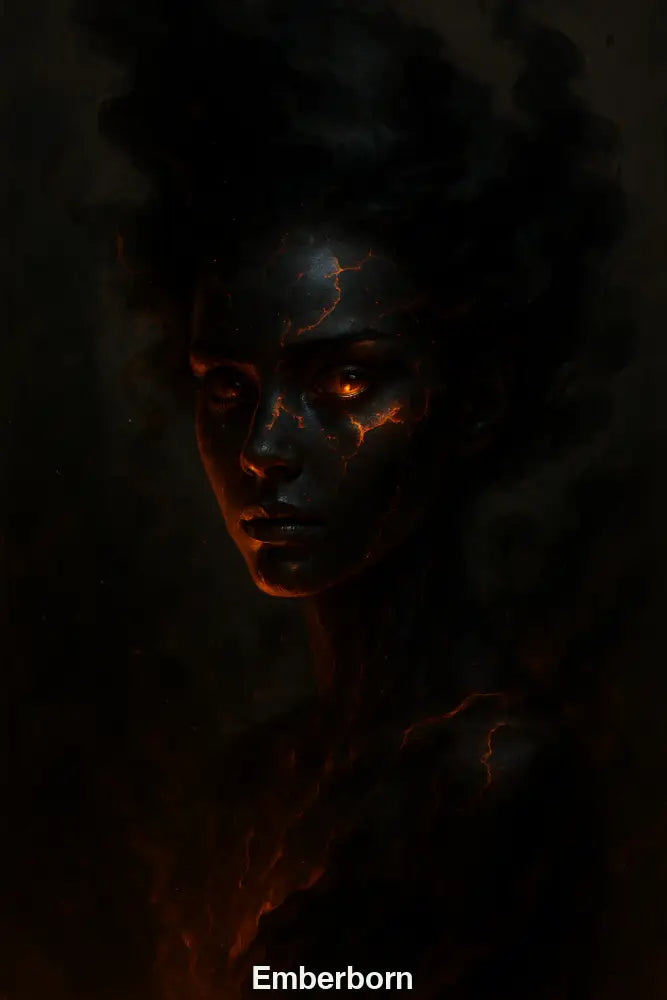 Porträt einer dunklen Figur mit glühenden Rissen und feurigen Augen – Symbol für Urkraft, innere Wut und elementare Energie.