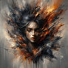 Embers of Emotion – AI Art, brennendes abstraktes Porträt einer Frau in Rauch und Flammen, emotionale Explosion.