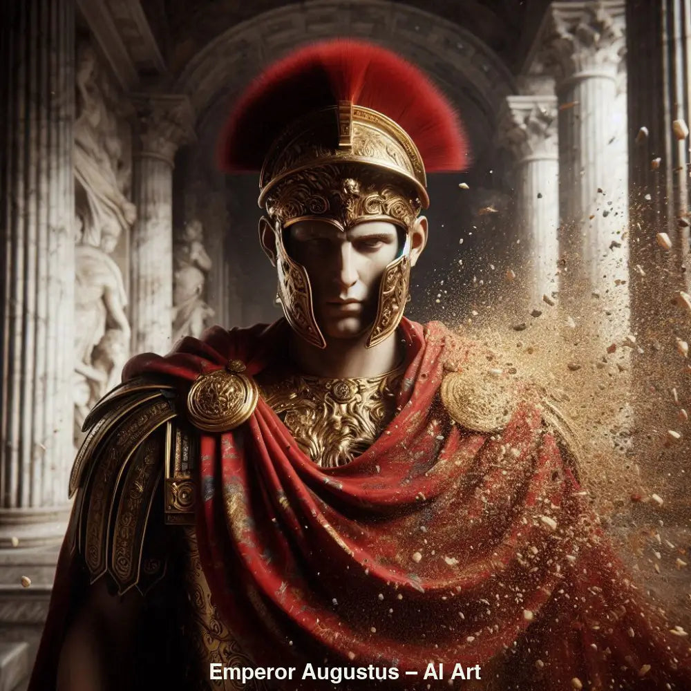 AI Art Porträt von Kaiser Augustus in goldener Rüstung mit rotem Umhang und antiker Kulisse.