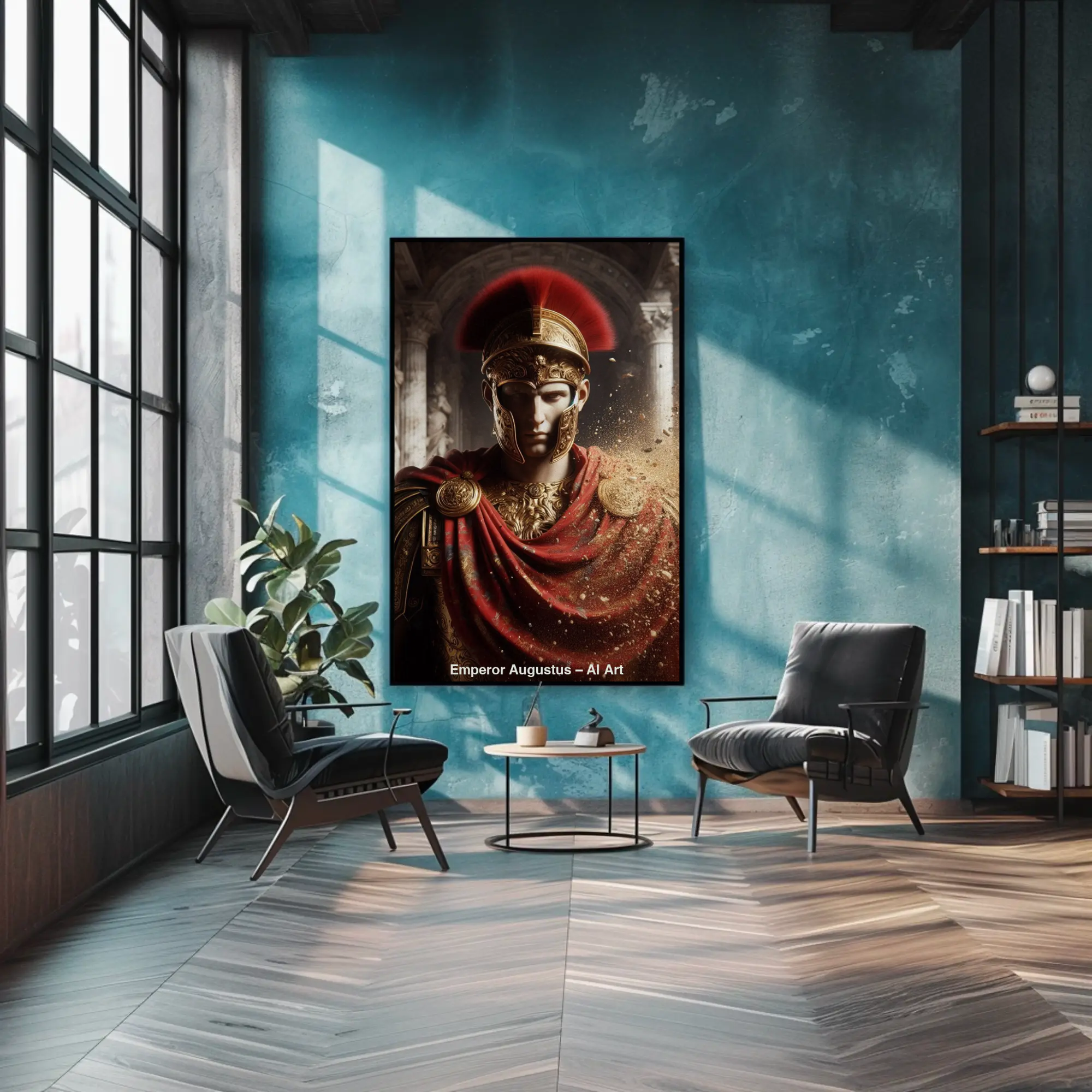 Mockup eines AI Art Porträts von Kaiser Augustus in goldener Rüstung mit rotem Umhang.