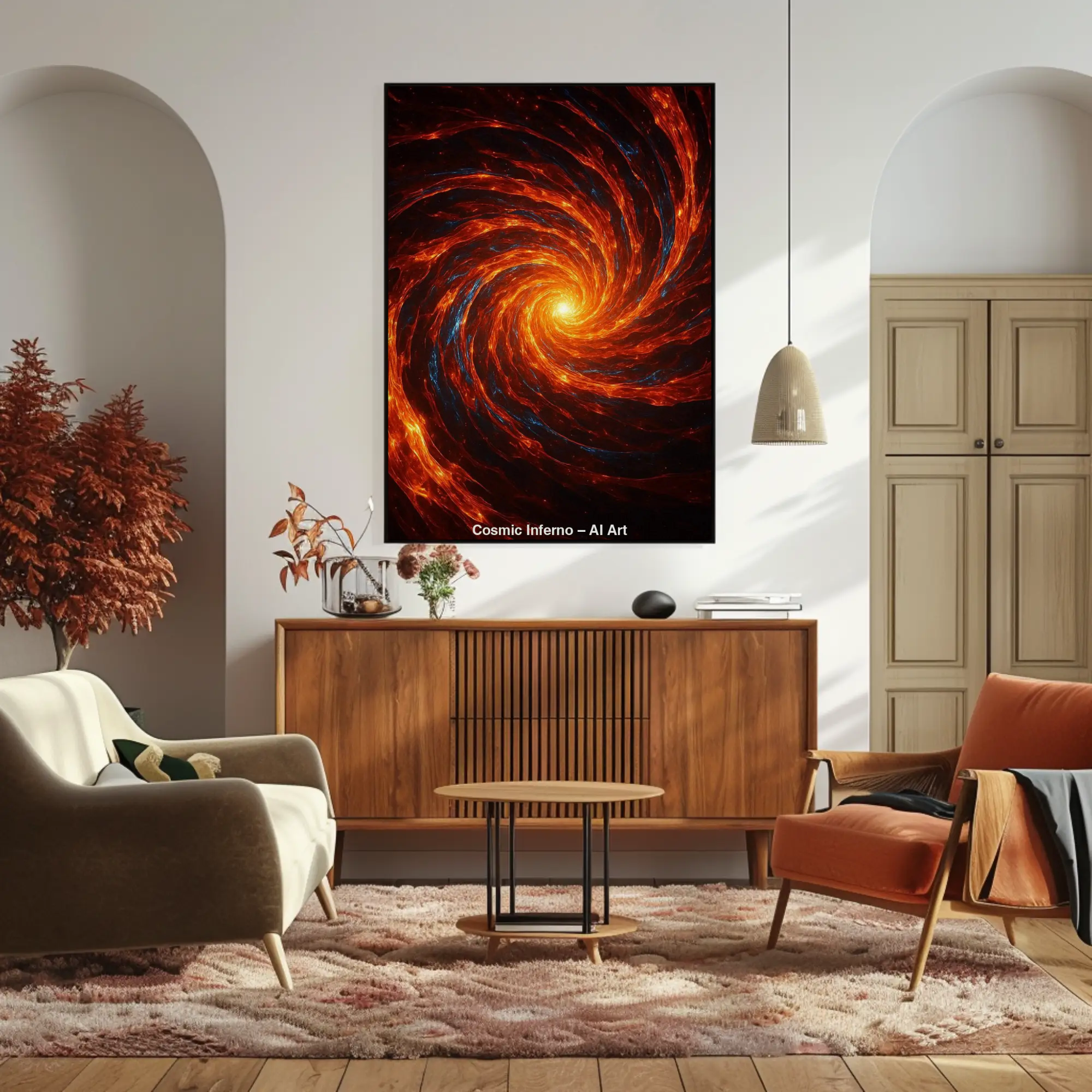Abstrakter rot-orangefarbener Wirbel als Fine Art Print in modernem Wohnraum