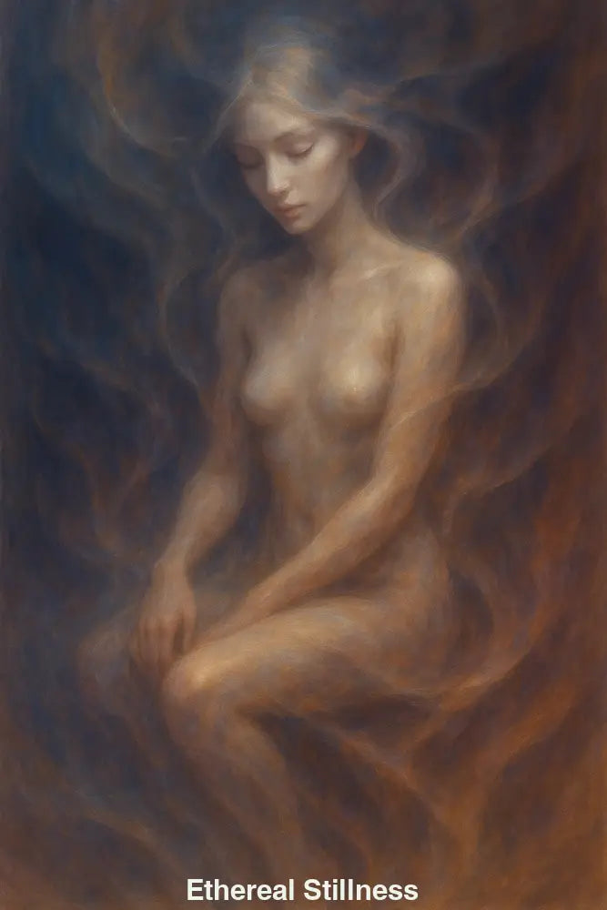 AI Art einer ruhigen, nackten Frau in fließenden Farbnebeln – sinnlich, still und ästhetisch