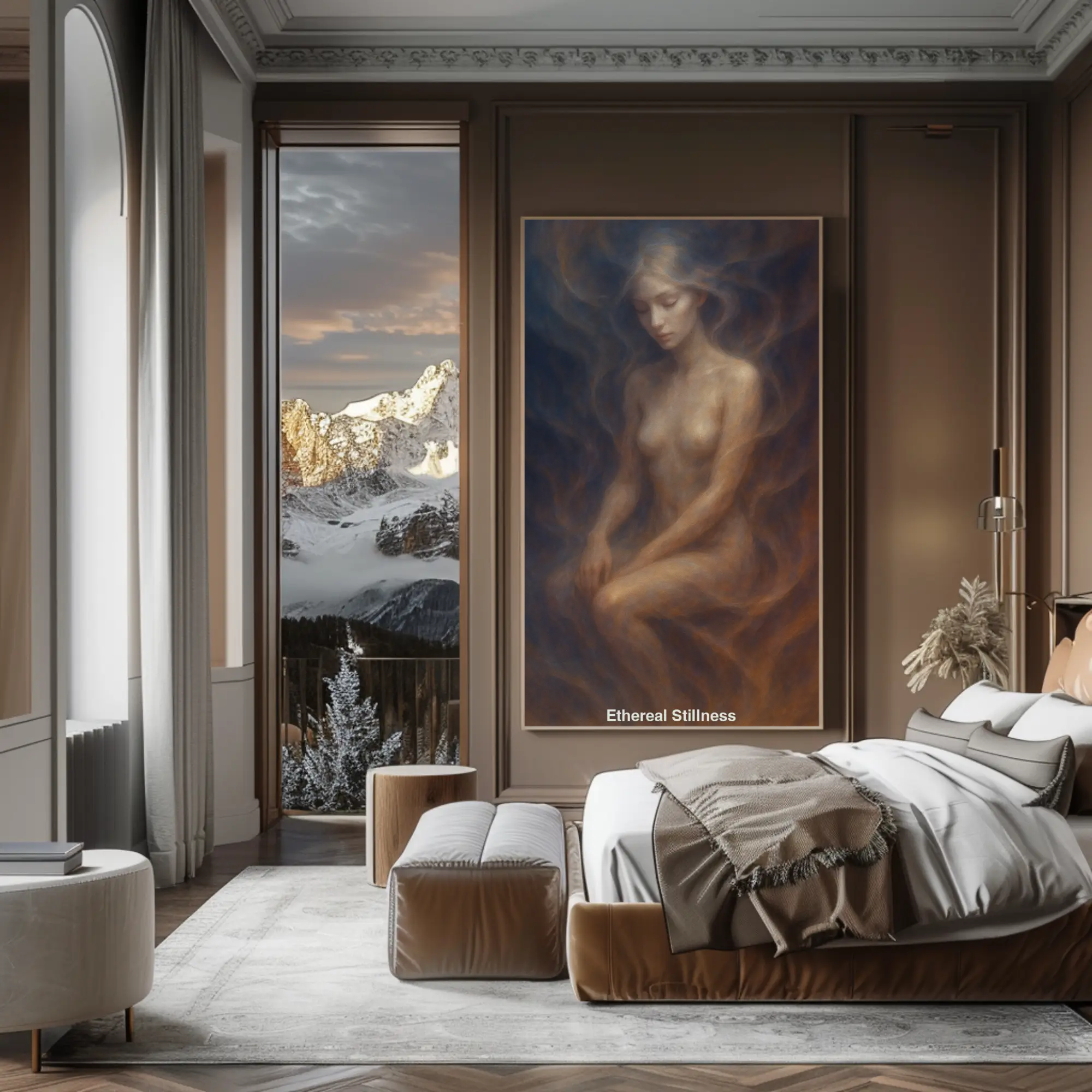 Mockup des AI-Kunstwerks „Ethereal Stillness“ – stille, feminine Figur in digitalen Farbnebeln