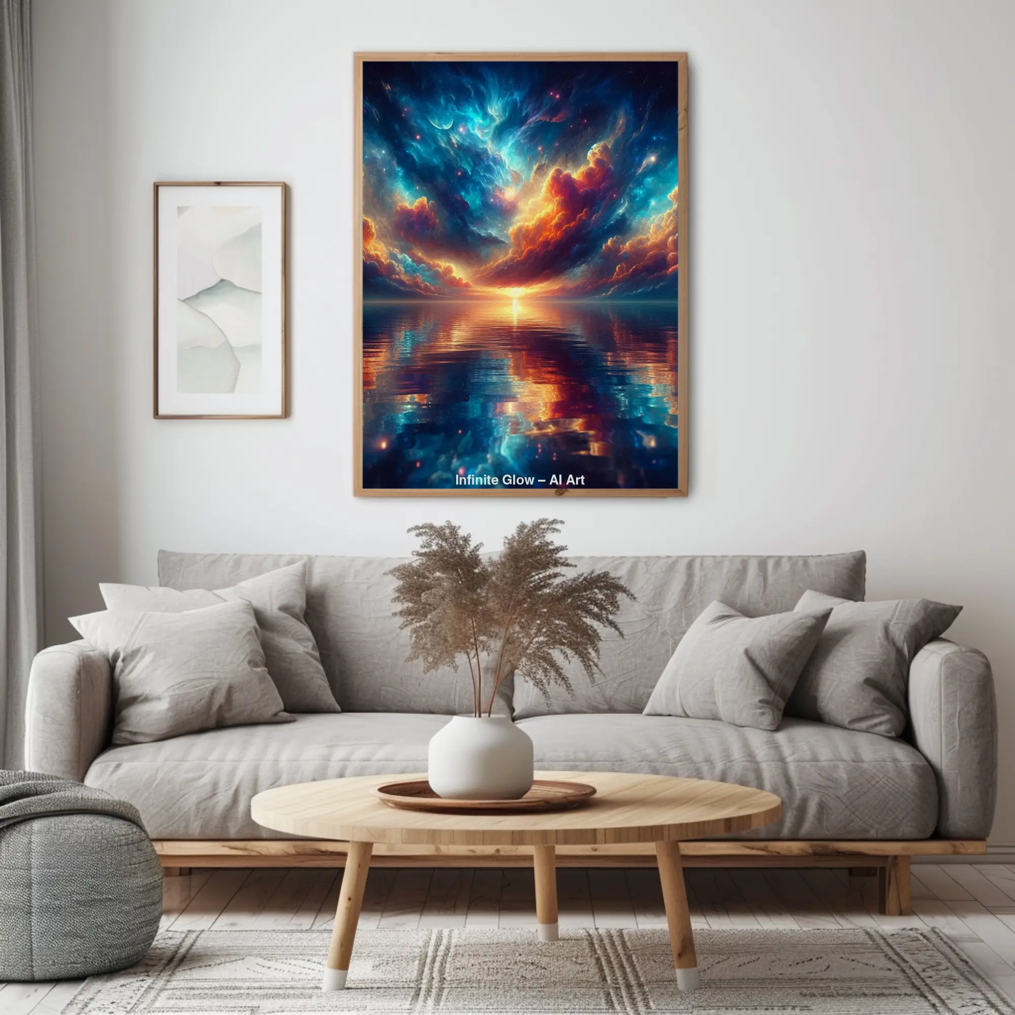 Symmetrische Explosion aus blauem und orangem Licht mit starkem Zentrum