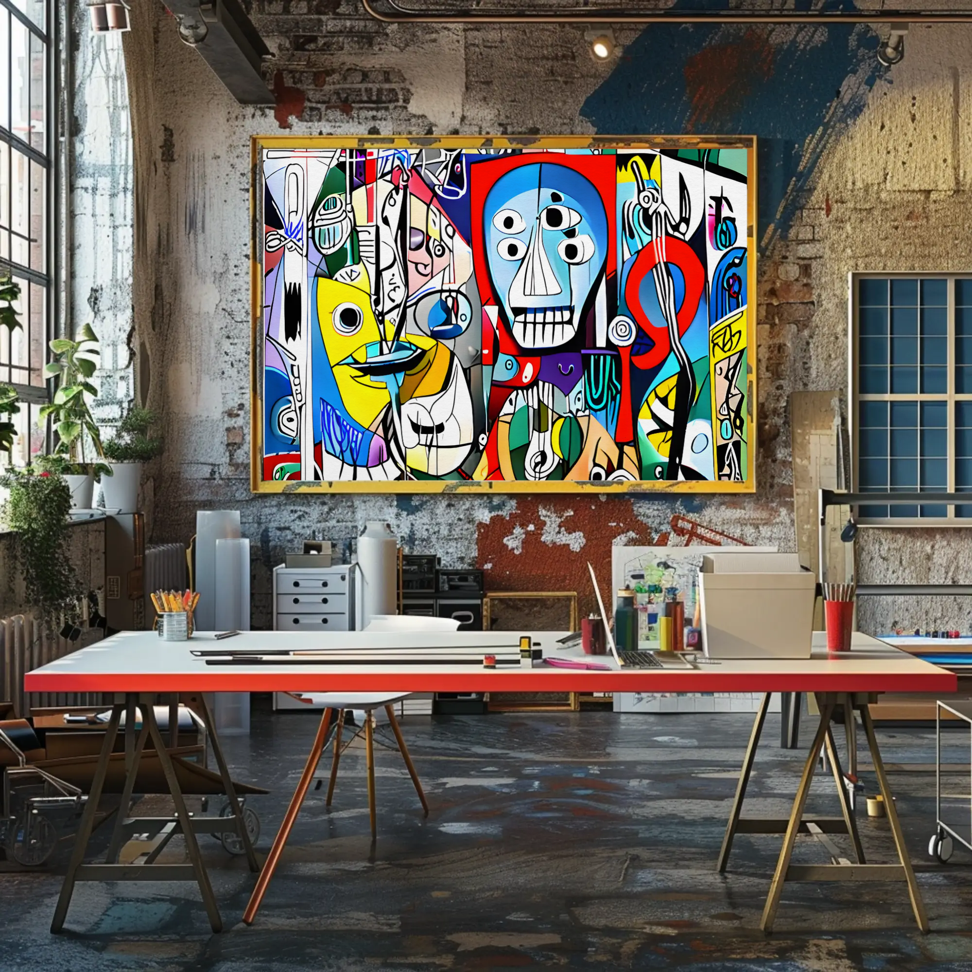 Buntes, kontrastreiches Kunstwerk in moderner Einrichtung