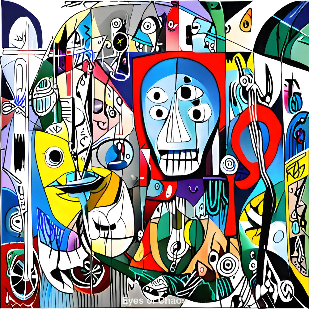 Mehräugiges Totengesicht mit maskenhaften Figuren und verzerrten Formen in intensivem Abstraktionismus.