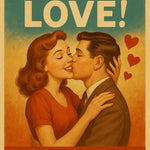 Stilisiertes Paar der 1950er: Mann küsst Frau im roten Kleid vor blau-orangefarbenem Hintergrund mit Herzsymbolen.