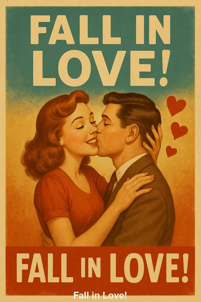 Stilisiertes Paar der 1950er: Mann küsst Frau im roten Kleid vor blau-orangefarbenem Hintergrund mit Herzsymbolen.