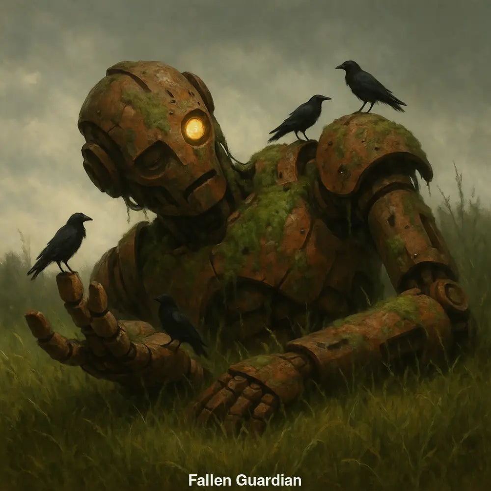 Verfallener Roboter mit Moos, umgeben von Krähen im hohen Gras – KI-Kunst