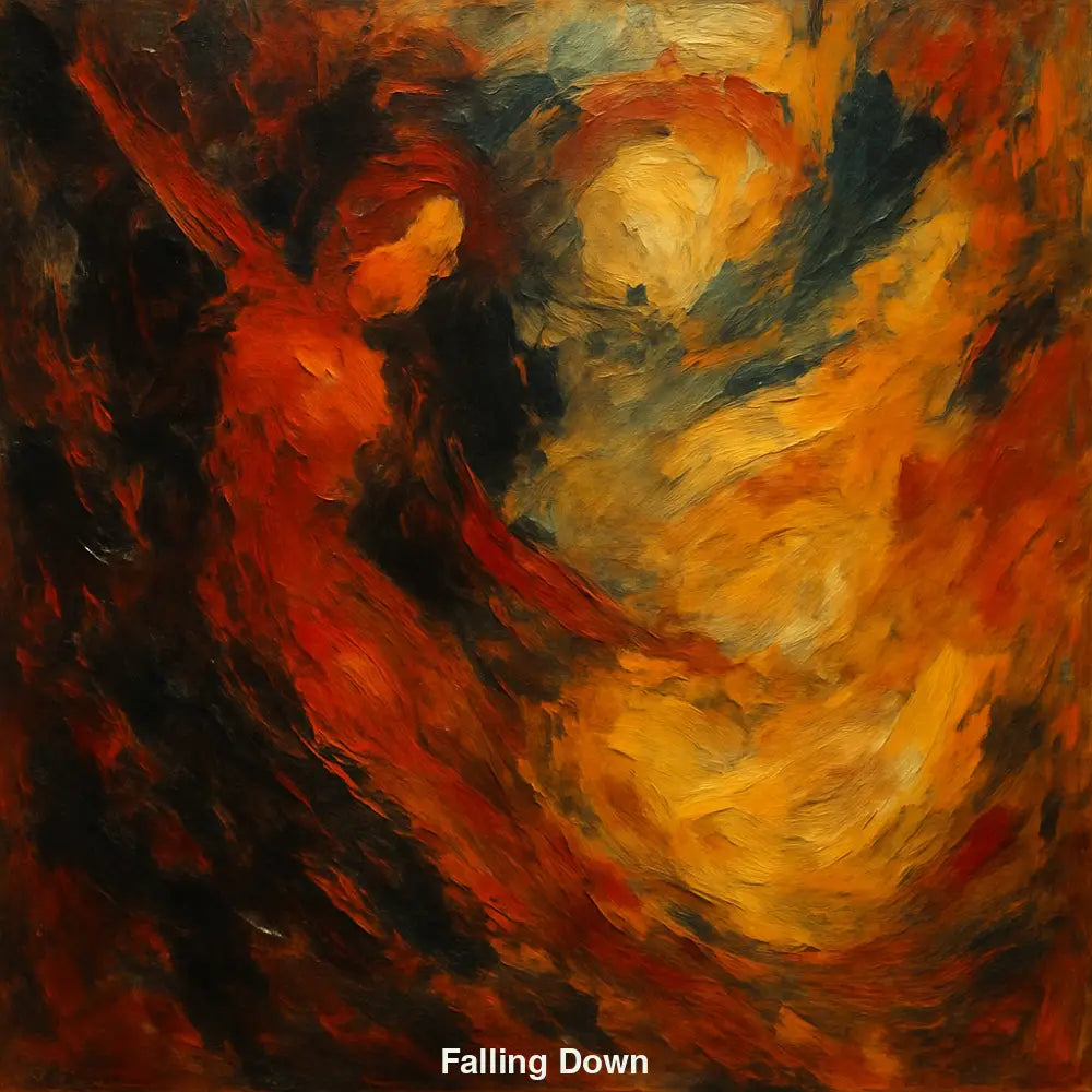 Abstraktes Gemälde mit dynamischen Rot-, Orange- und Schwarztönen, zeigt eine fallende Figur im Strudel aus Licht und Dunkelheit.