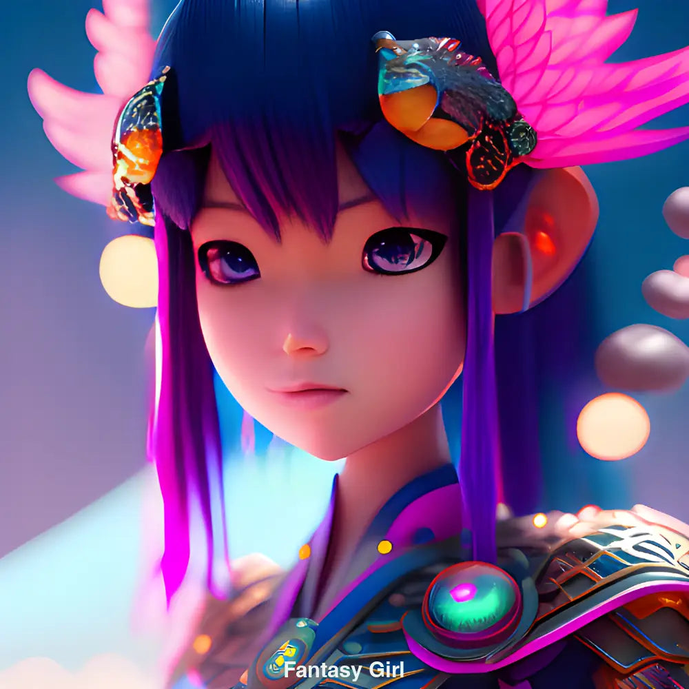 Porträt eines Mädchens im Fantasy-Stil mit magischen Details und künstlerischem Flair, KI-generiertes Bild.